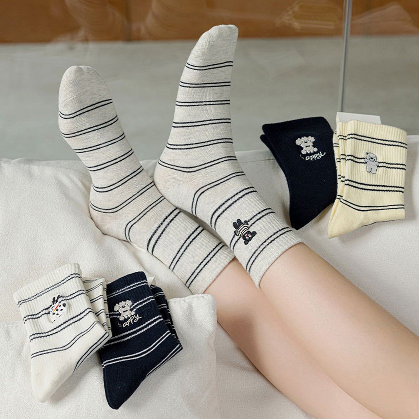 Anna-Kaci Women's 3-Pair Pack Cotton Blend Crew Socks with Cute Dogs Embroidery Design