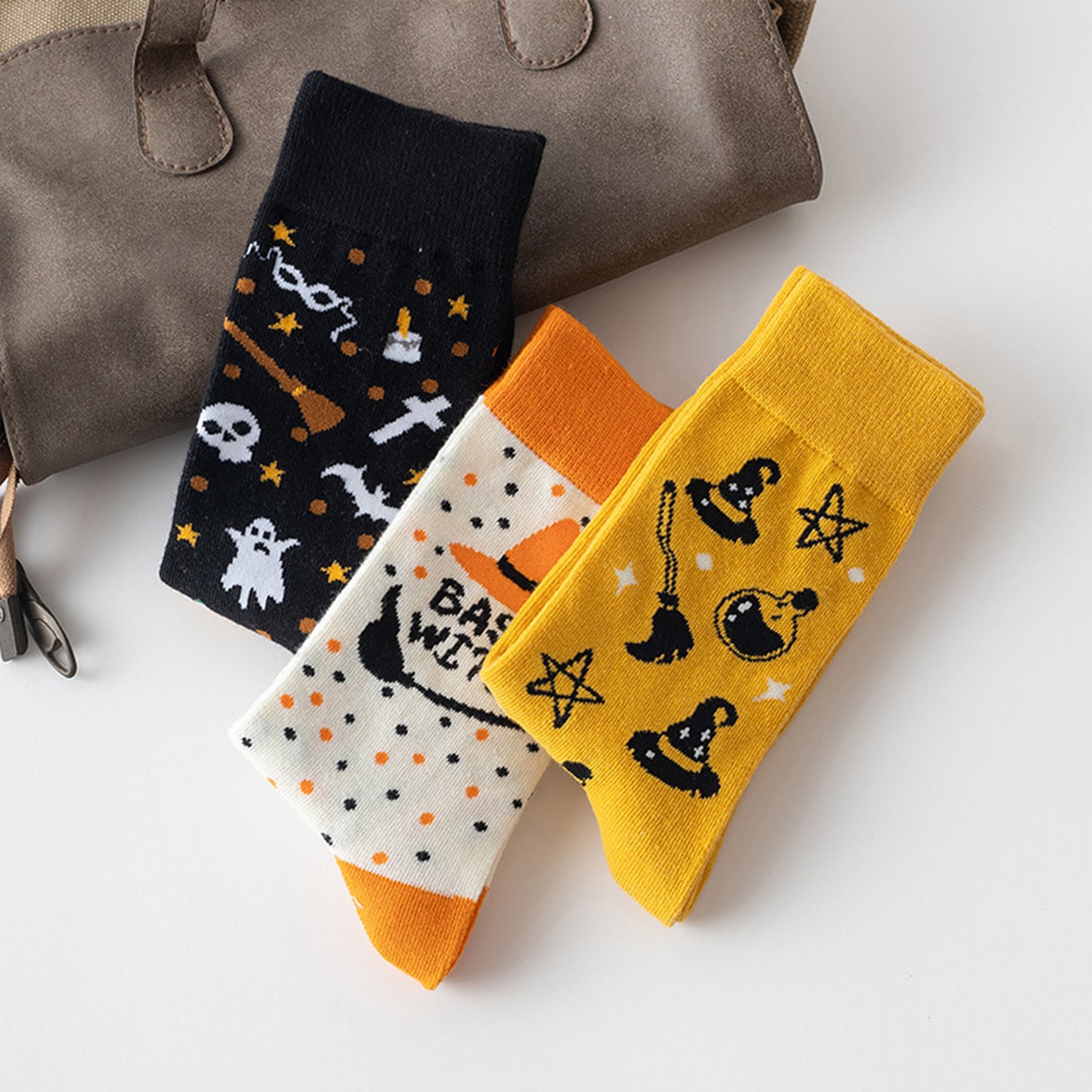 Anna-Kaci Women's 3-Pack Halloween Cotton Crew Socks with Festive Patterns