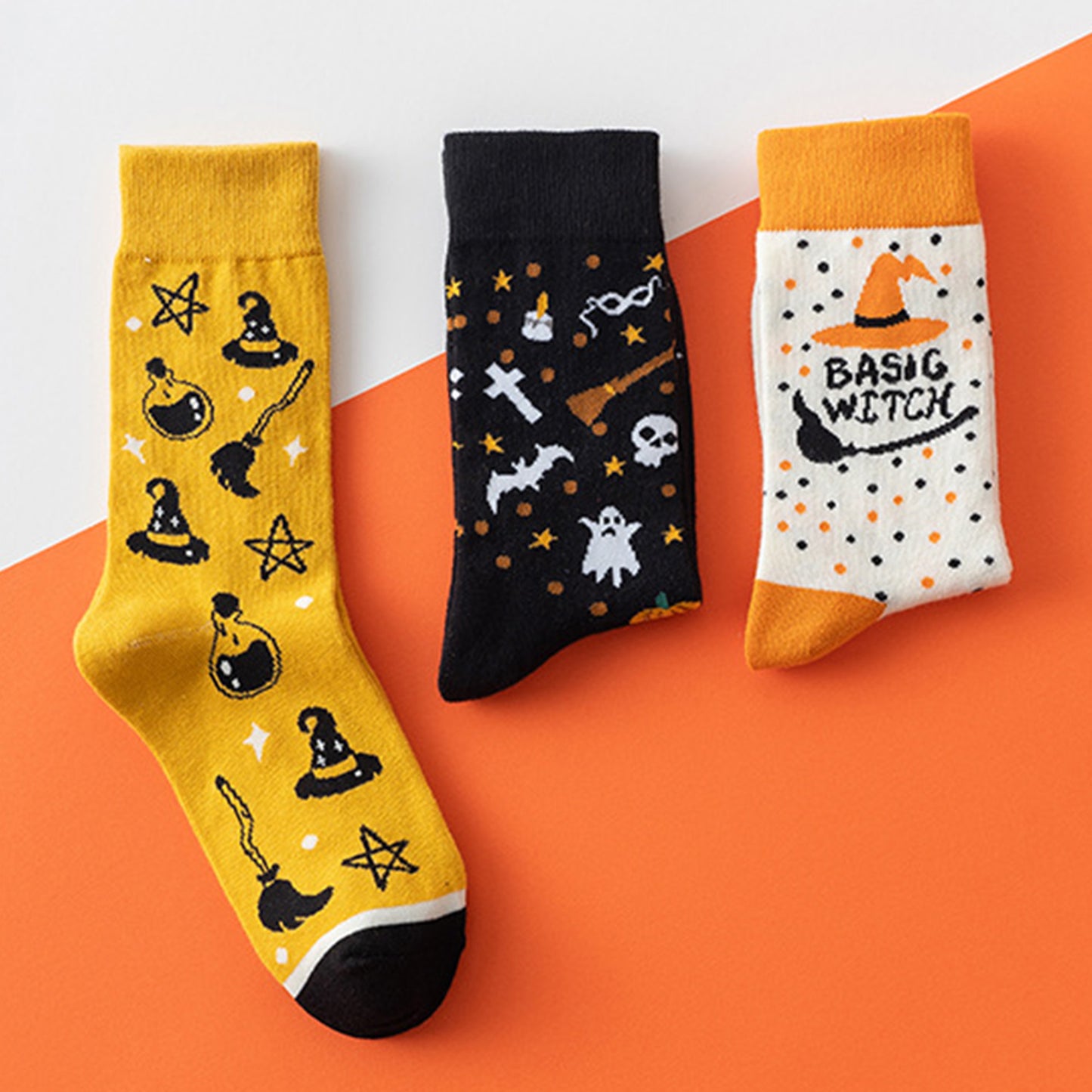 Anna-Kaci Women's 3-Pack Halloween Cotton Crew Socks with Festive Patterns