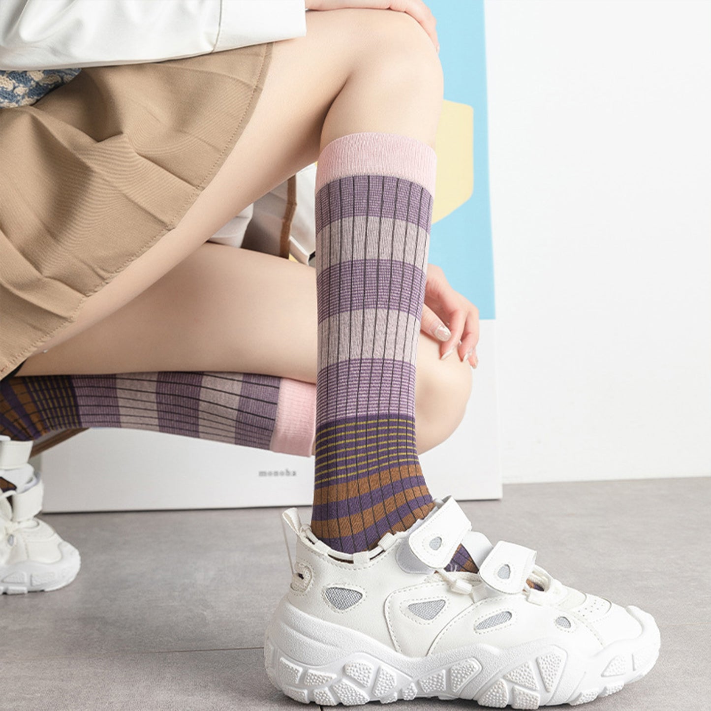 Anna-Kaci Women's 2 Pairs Striped Casual Sports Cotton Socks Soft Breathable Durable Everyday Comfort Fit