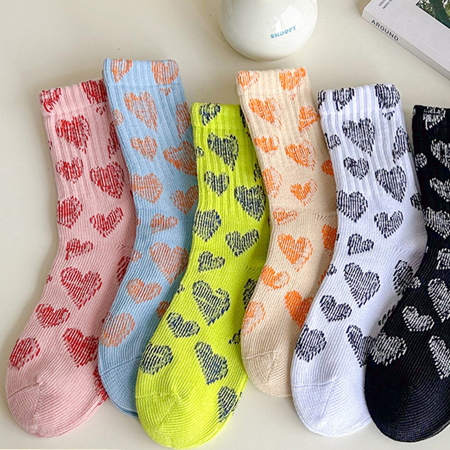 Anna-Kaci 3-Pair Soft Knit Crew Socks Set with Sweet Heart Pattern, Stretch Comfort Ribbed Cuffs, Breathable Fabric and Everyday Essential Design