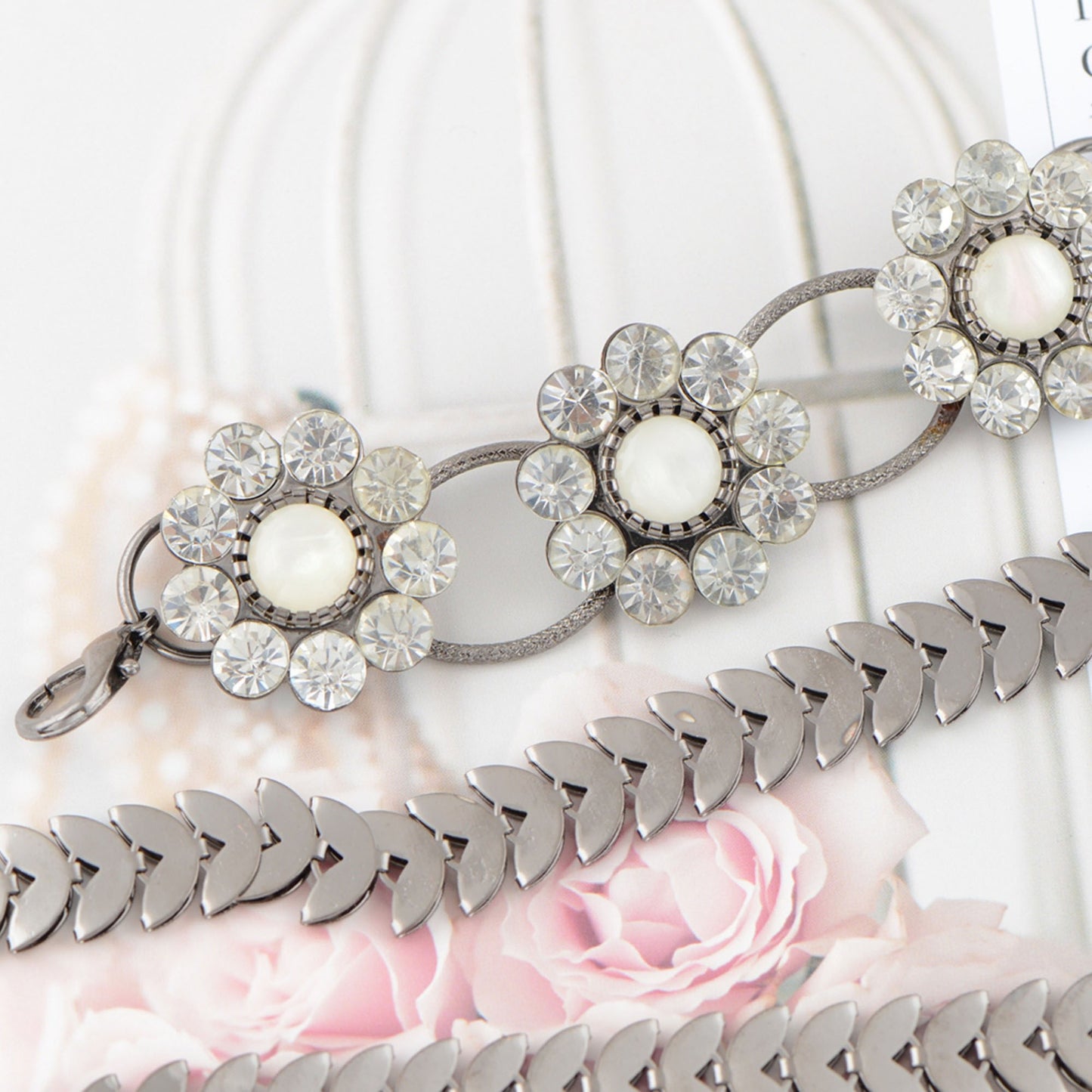 Anna-Kaci Women's Floral Waist Chain with Chevron Link Design and Crystal Accents