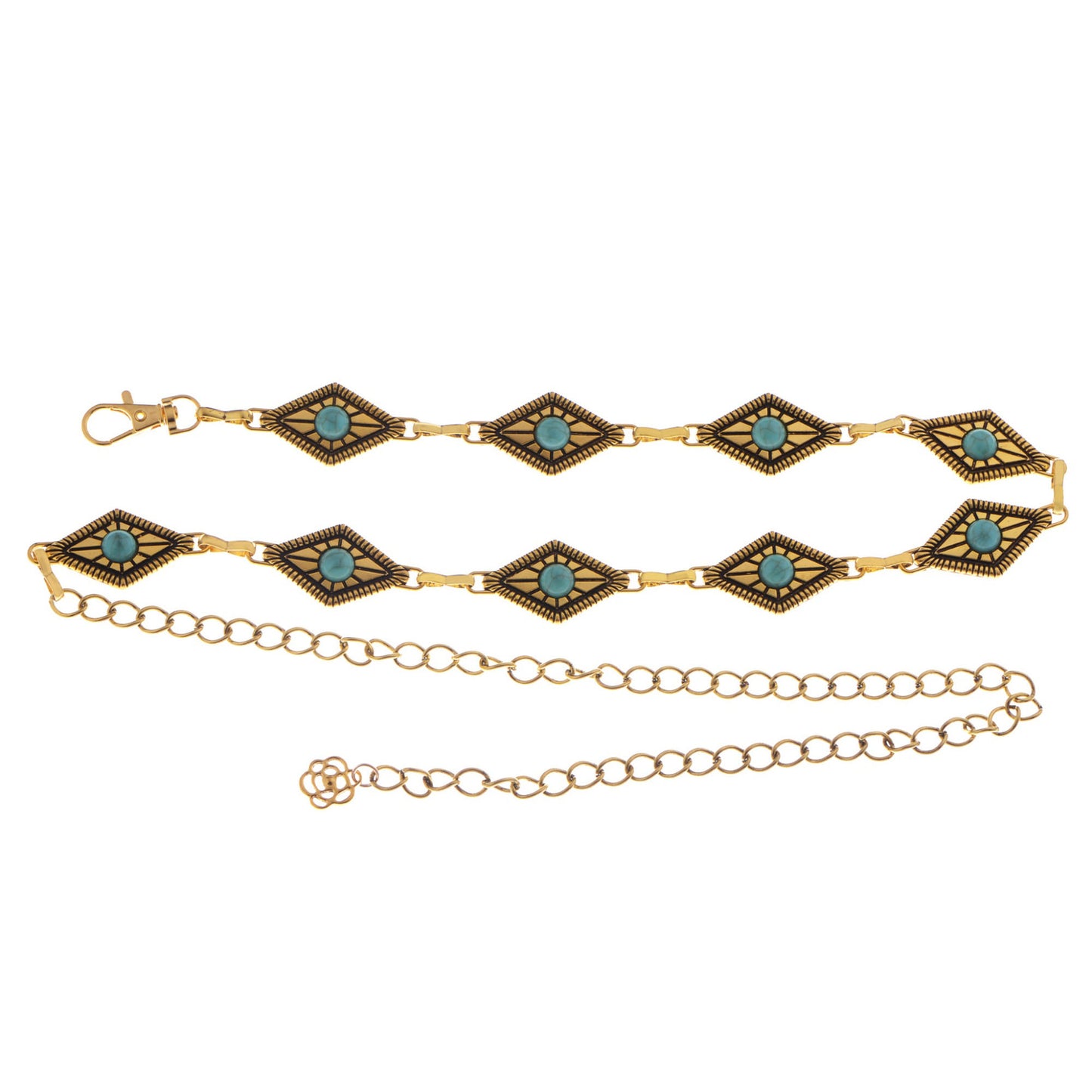 Anna-Kaci Women's Waist Chain Belt with Diamond-Shaped Links and Turquoise Stone Accents