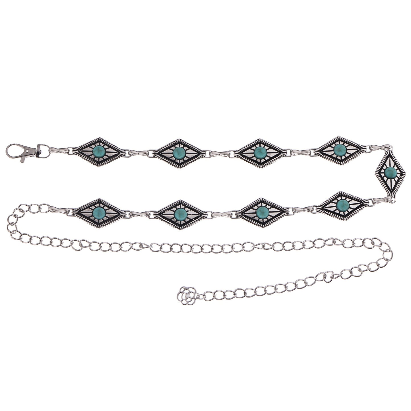 Anna-Kaci Women's Waist Chain Belt with Diamond-Shaped Links and Turquoise Stone Accents