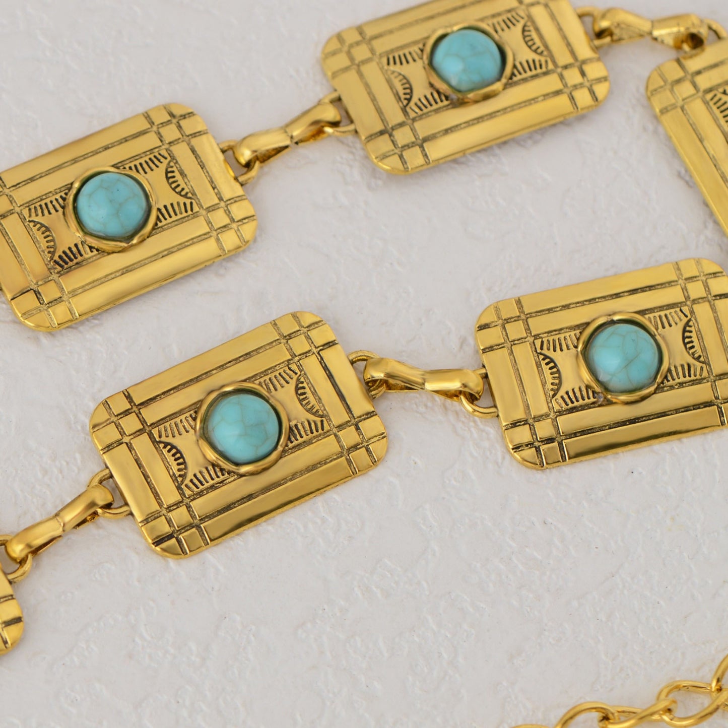 Anna-Kaci Women's Waist Chain Belt with Rectangular Links and Turquoise Stone Accents