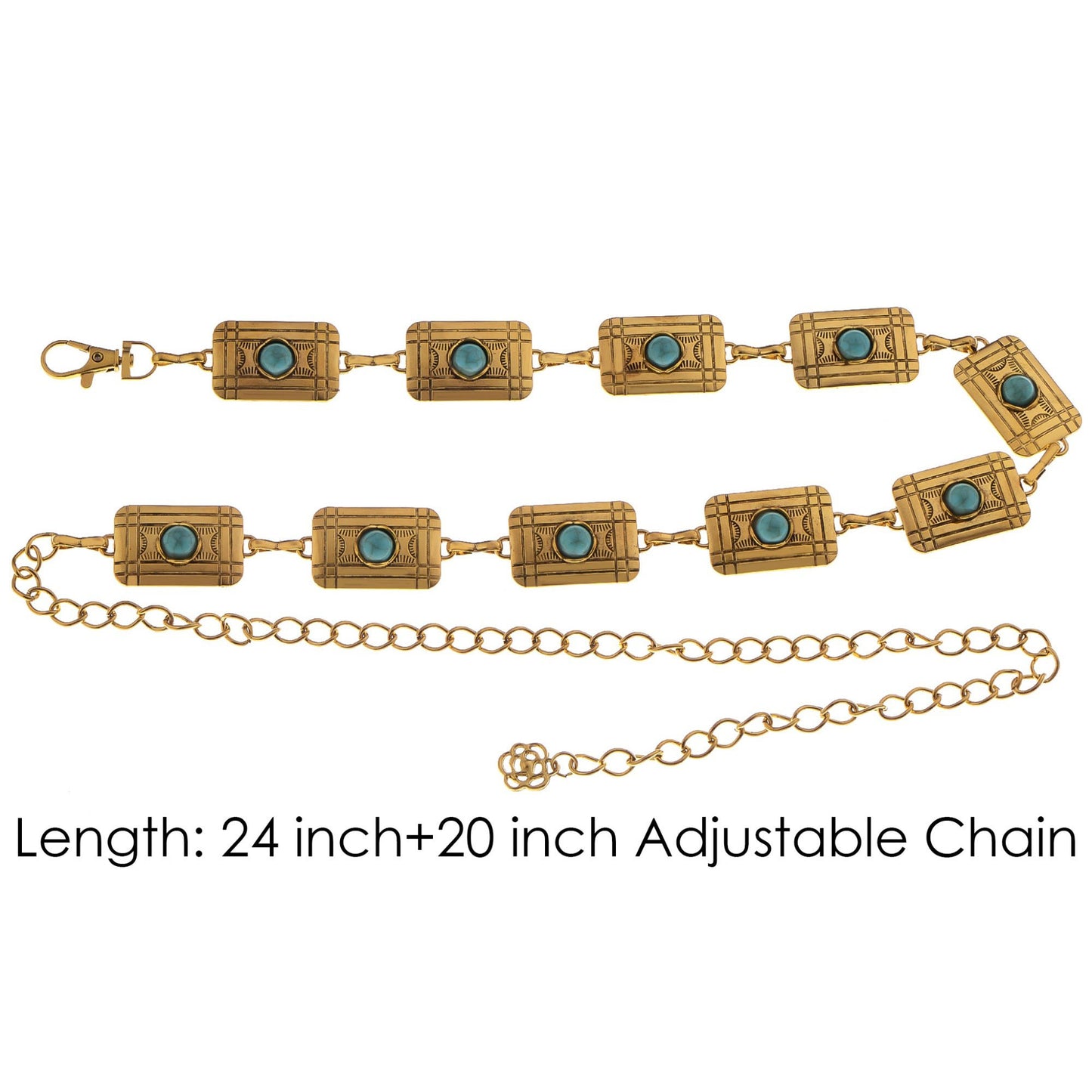 Anna-Kaci Women's Waist Chain Belt with Rectangular Links and Turquoise Stone Accents