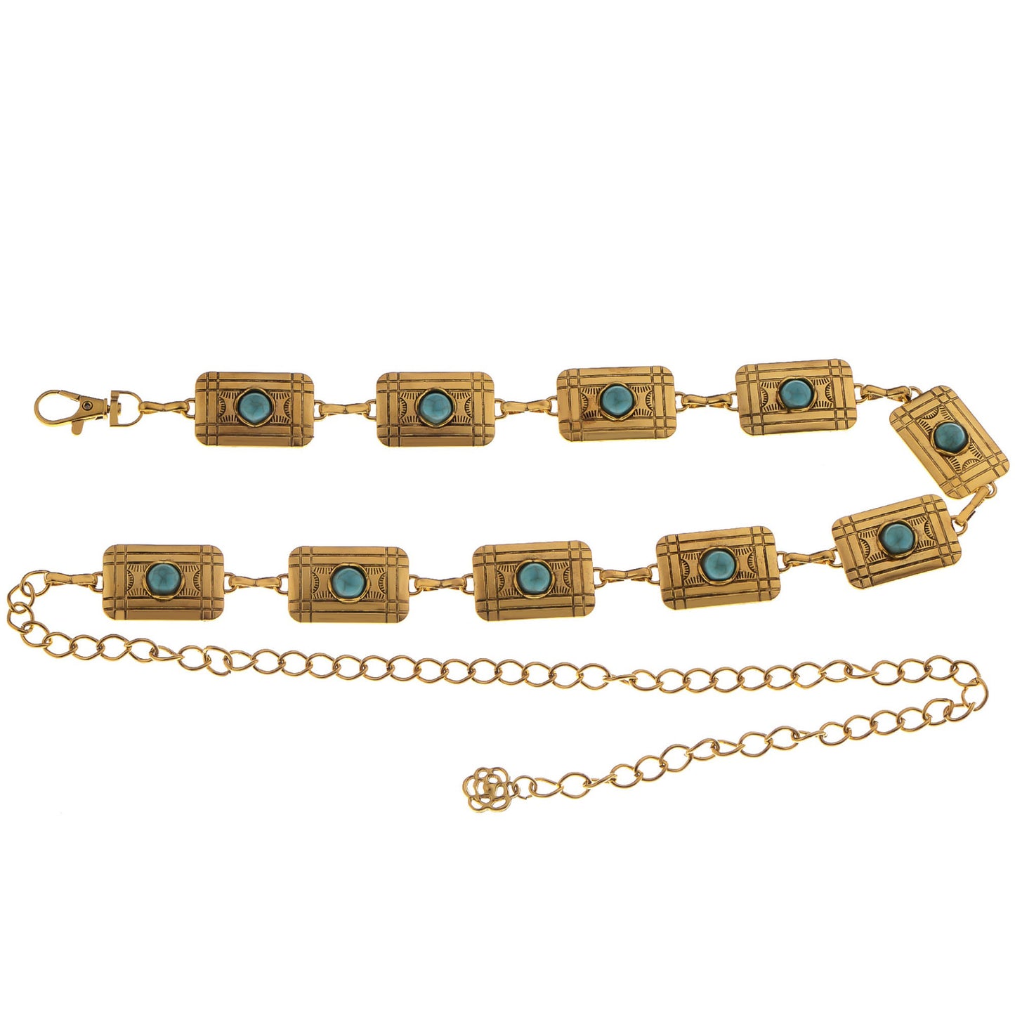 Anna-Kaci Women's Waist Chain Belt with Rectangular Links and Turquoise Stone Accents