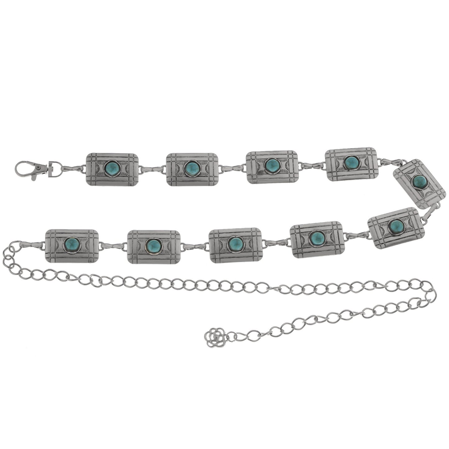 Anna-Kaci Women's Waist Chain Belt with Rectangular Links and Turquoise Stone Accents