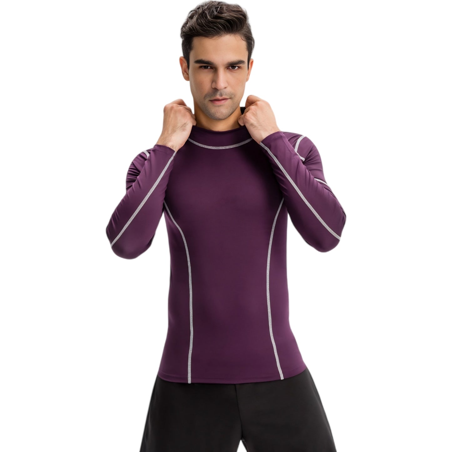 Anna-Kaci Active Men's Long Sleeve Compression Shirt with Contrast Stitching and Athletic Fit