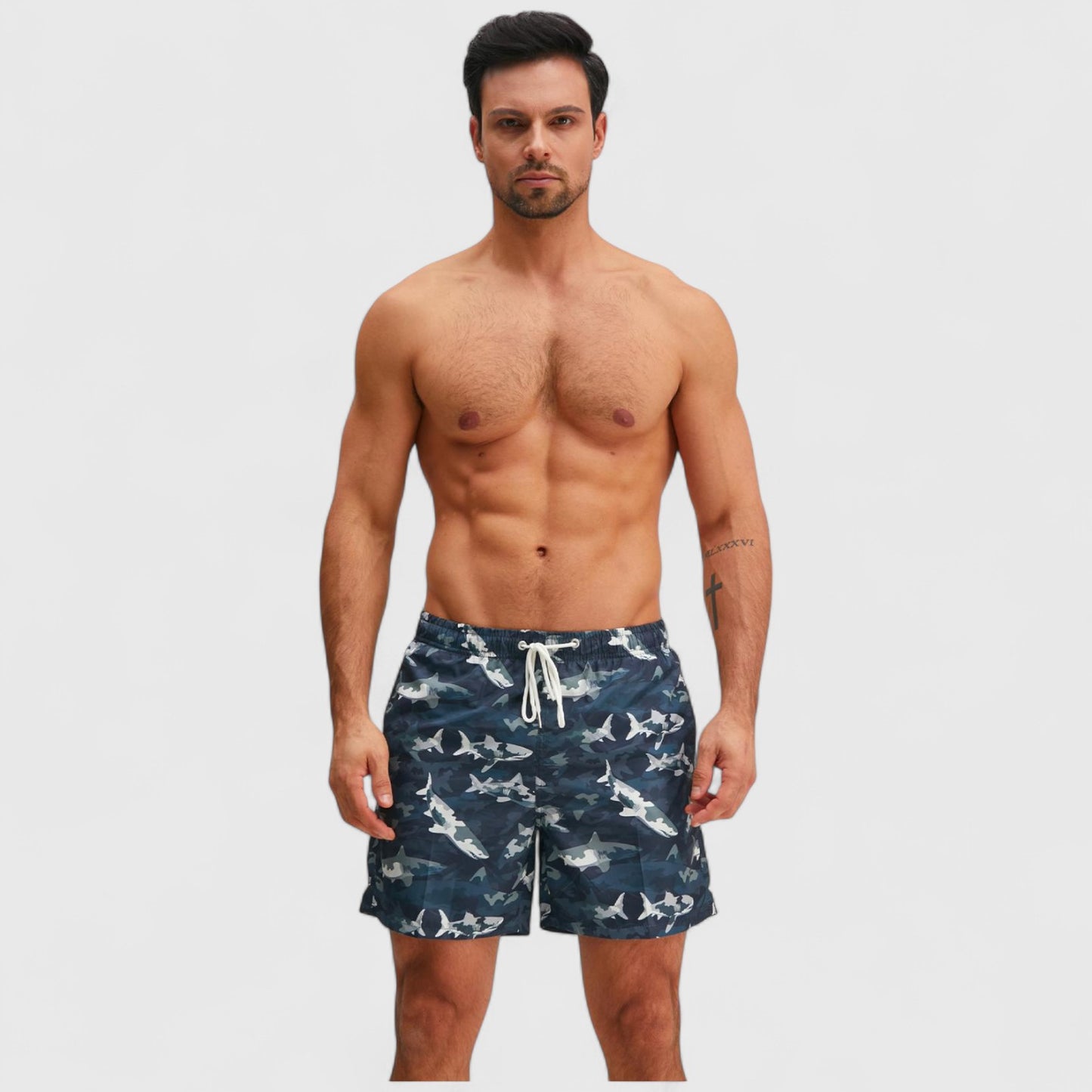 Anna-Kaci Men's Shark Camo Print Swim Trunks with Adjustable Drawstring and Side Pockets