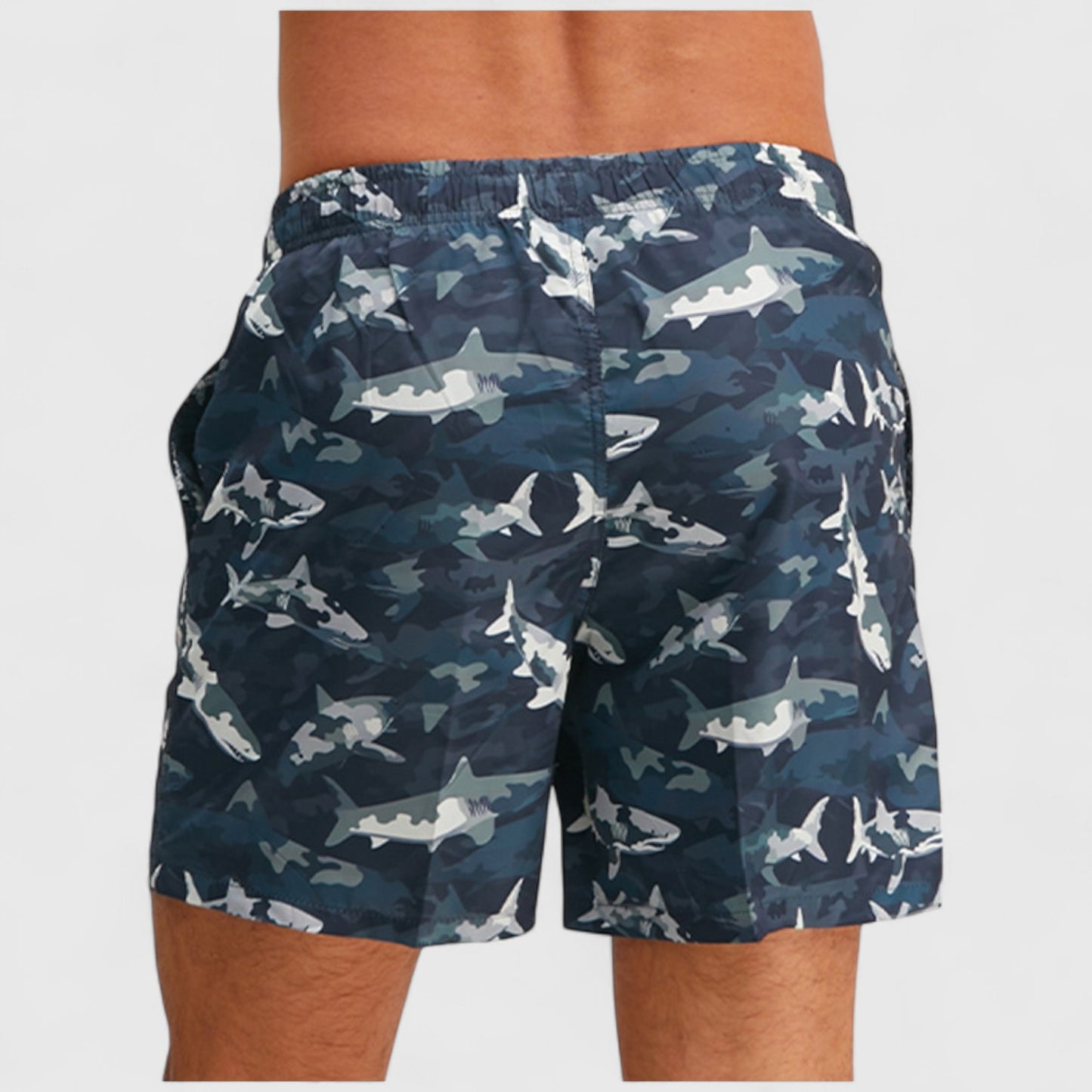 Anna-Kaci Men's Shark Camo Print Swim Trunks with Adjustable Drawstring and Side Pockets