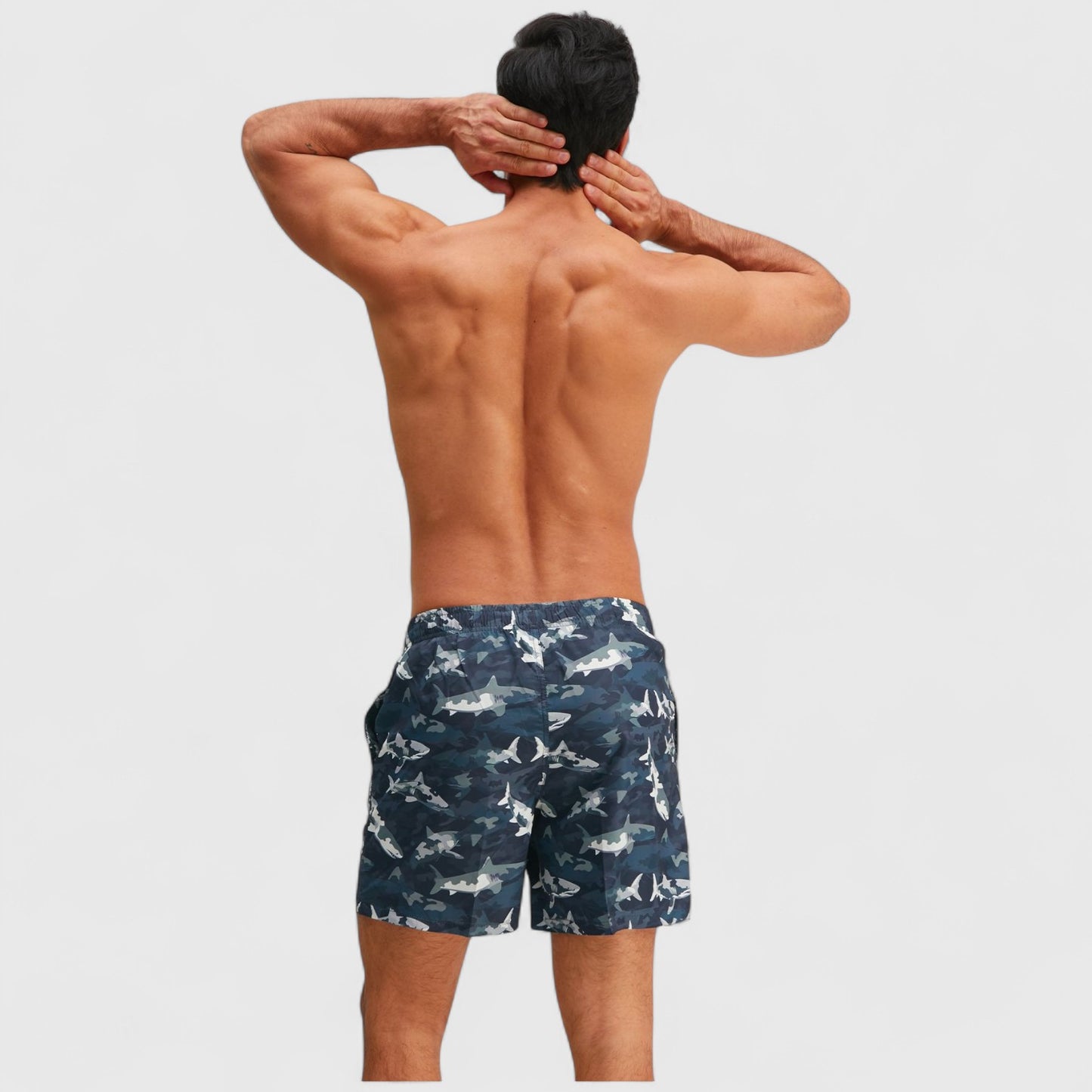 Anna-Kaci Men's Shark Camo Print Swim Trunks with Adjustable Drawstring and Side Pockets