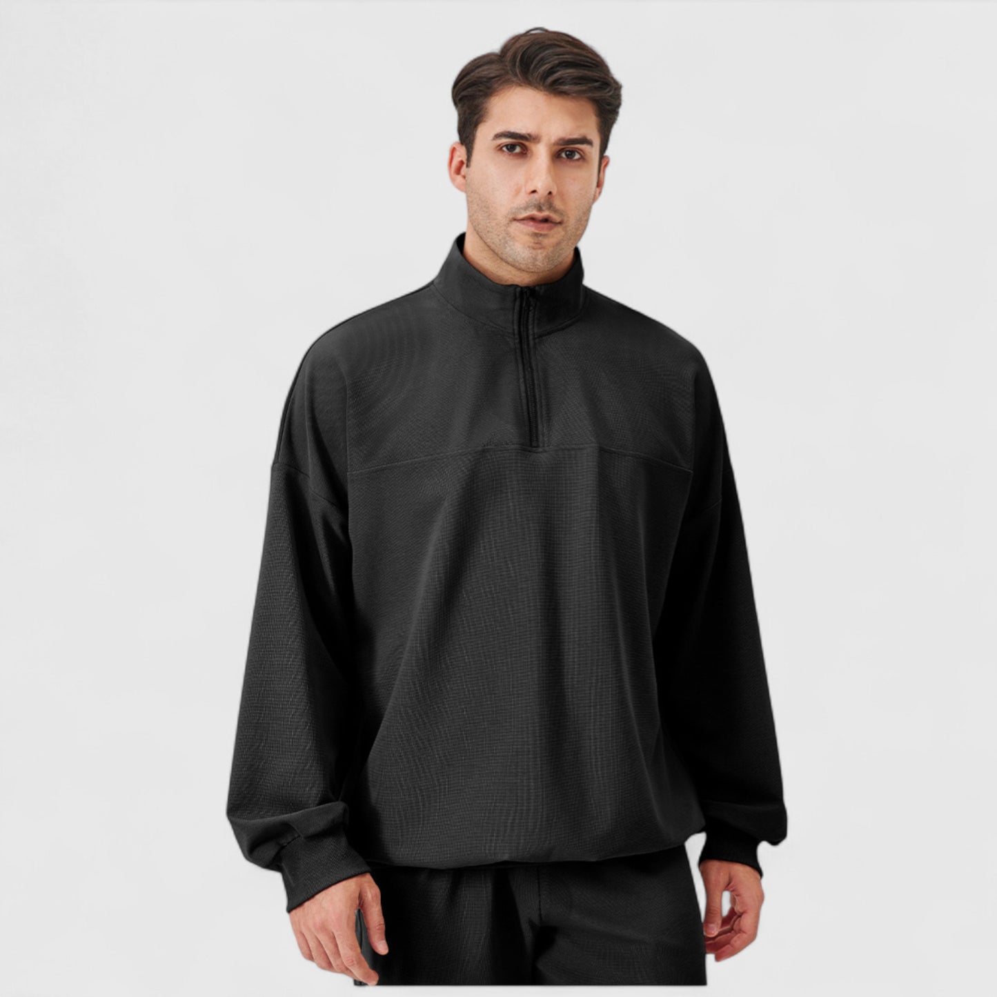 Anna-Kaci Active Men's Oversized Quarter Zip Pullover with Drop Shoulders and Ribbed Cuffs for Relaxed Casual Styling