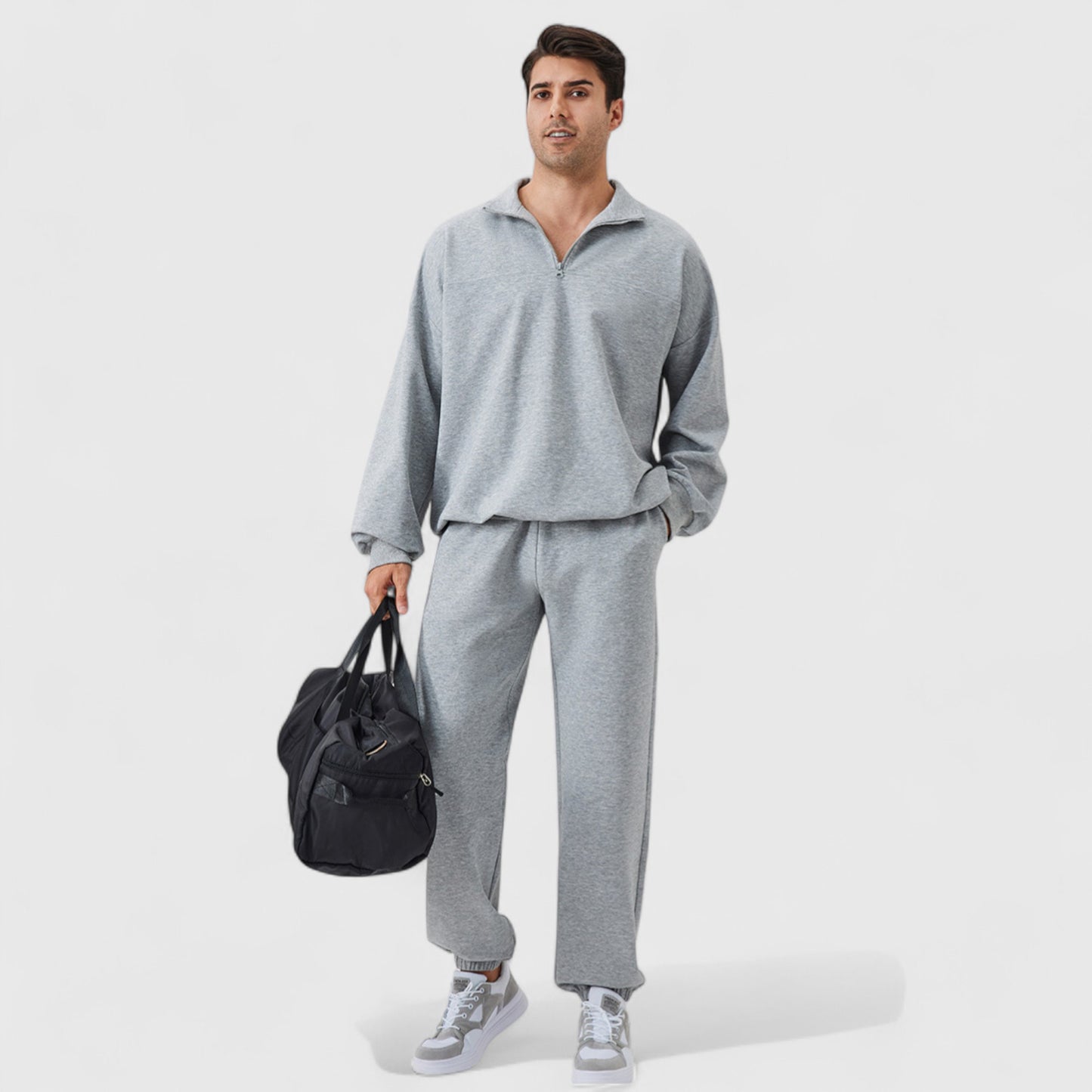 Anna-Kaci Active Men's Oversized Quarter Zip Pullover with Drop Shoulders and Ribbed Cuffs for Relaxed Casual Styling