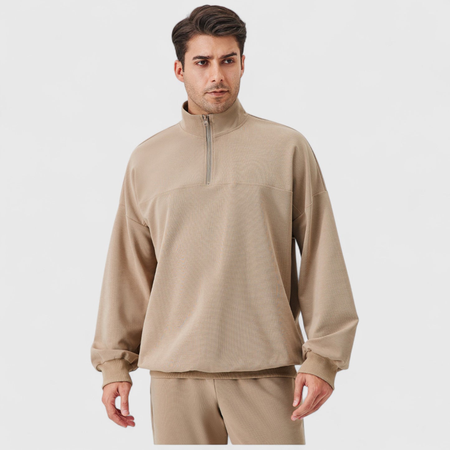 Anna-Kaci Active Men's Oversized Quarter Zip Pullover with Drop Shoulders and Ribbed Cuffs for Relaxed Casual Styling