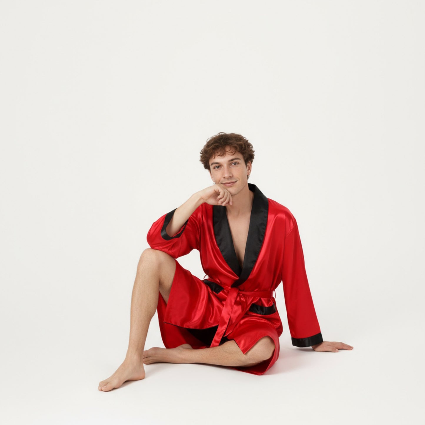 Anna-Kaci Men's Satin Robe with Contrast Shawl Collar Waist Tie and Front Pockets