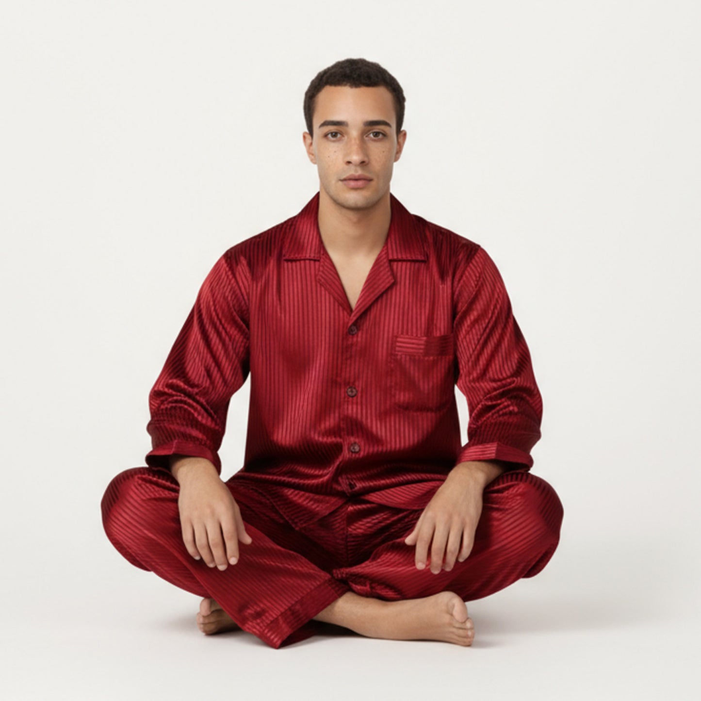 Anna-Kaci Men's 2-Piece Set Satin Pajamas with Subtle Stripe Pattern and Button-Up Top