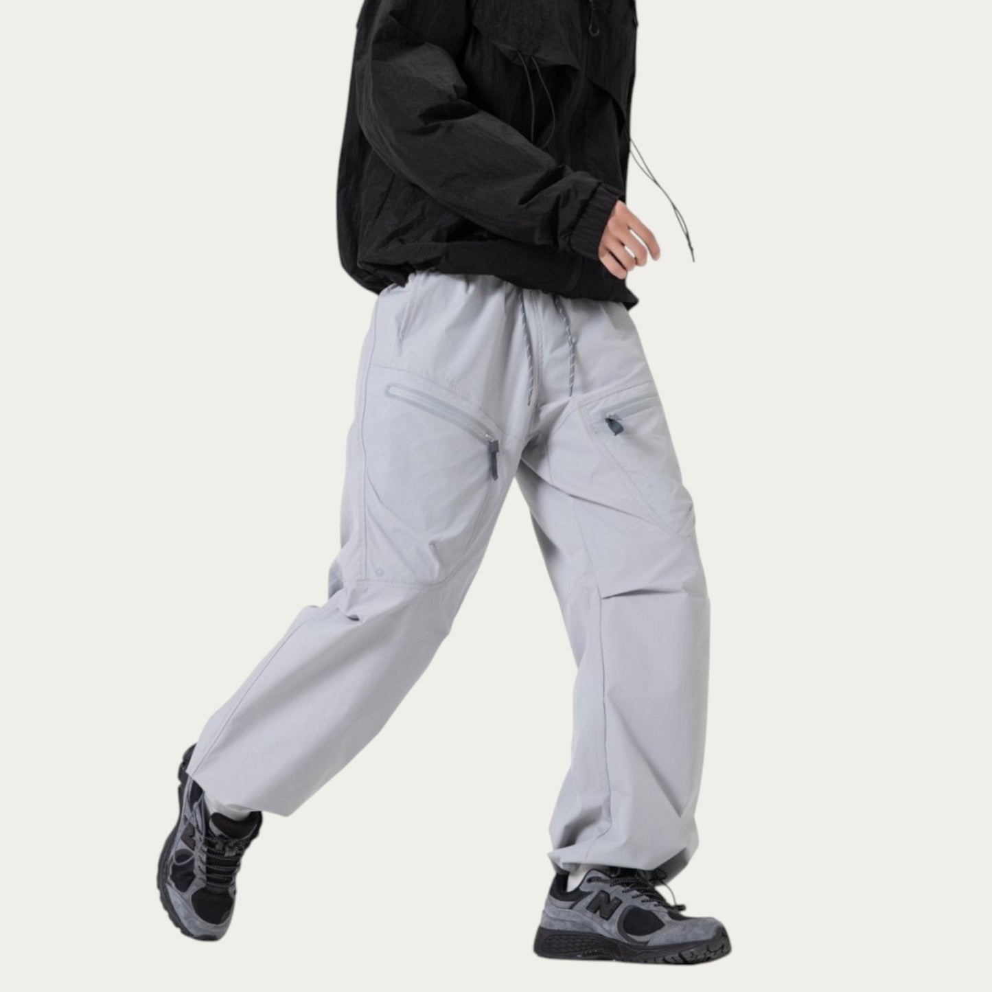 Anna-Kaci Men's Wide Leg Cargo Pants with Zippered Pockets and Adjustable Drawstring Waist