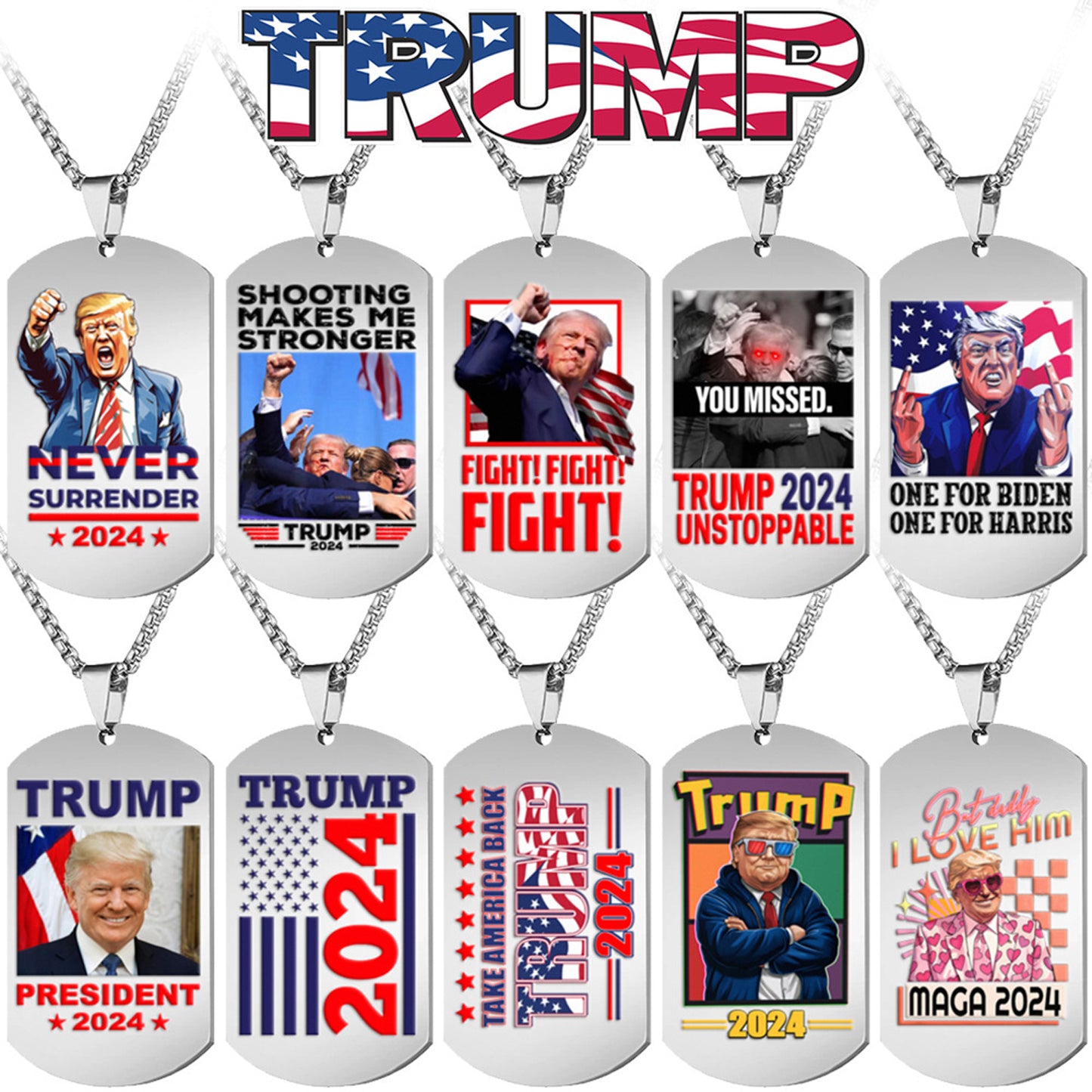 Alilang Trump 2024 Tag Necklace Shooting Makes Me Stronger Stainless Steel Chain
