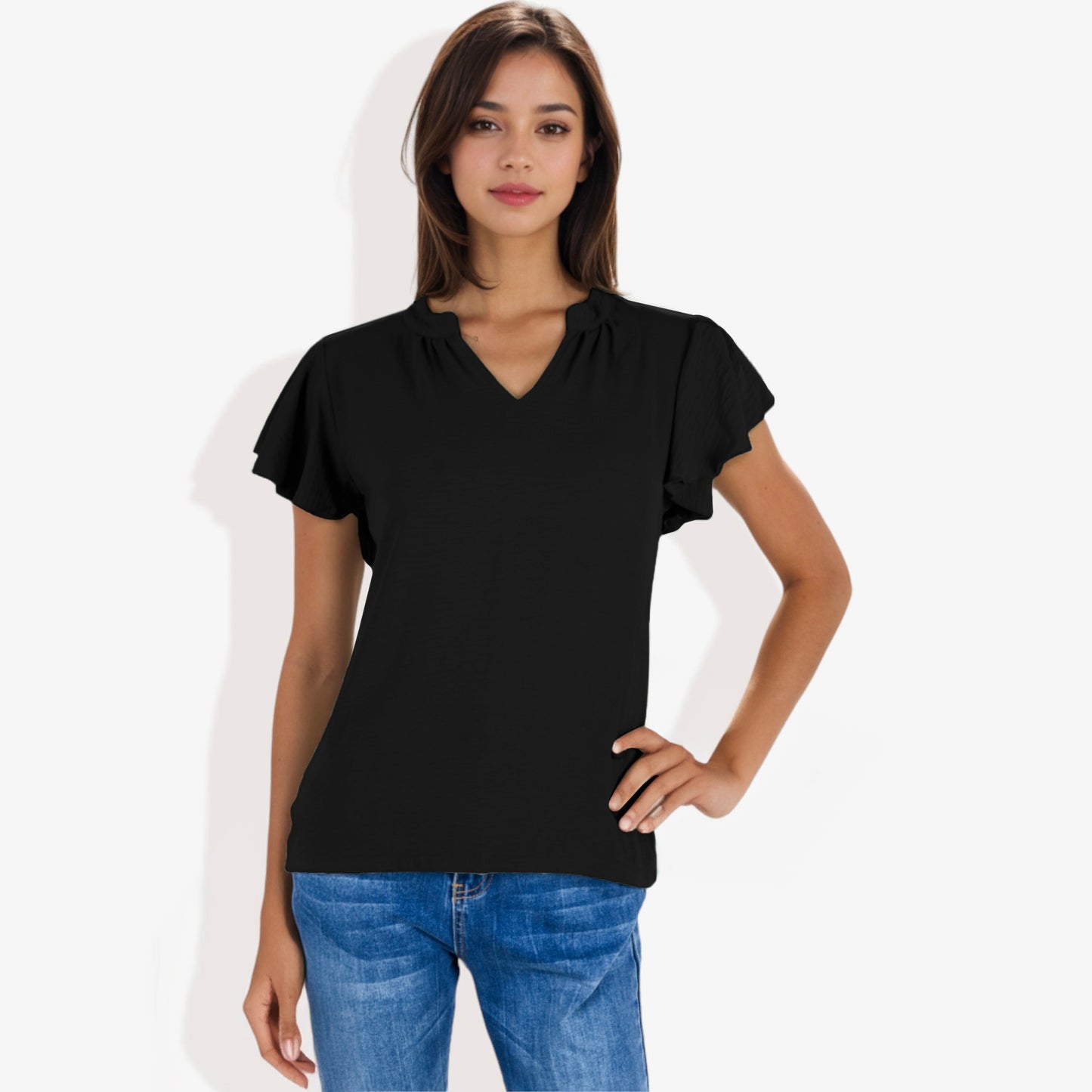 Blusa de mujer de manga corta con escote en V y mangas con volantes de doble capa