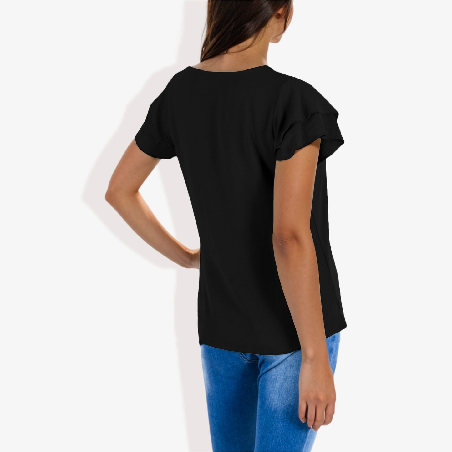 Blusa de mujer de manga corta con escote en V y mangas con volantes de doble capa