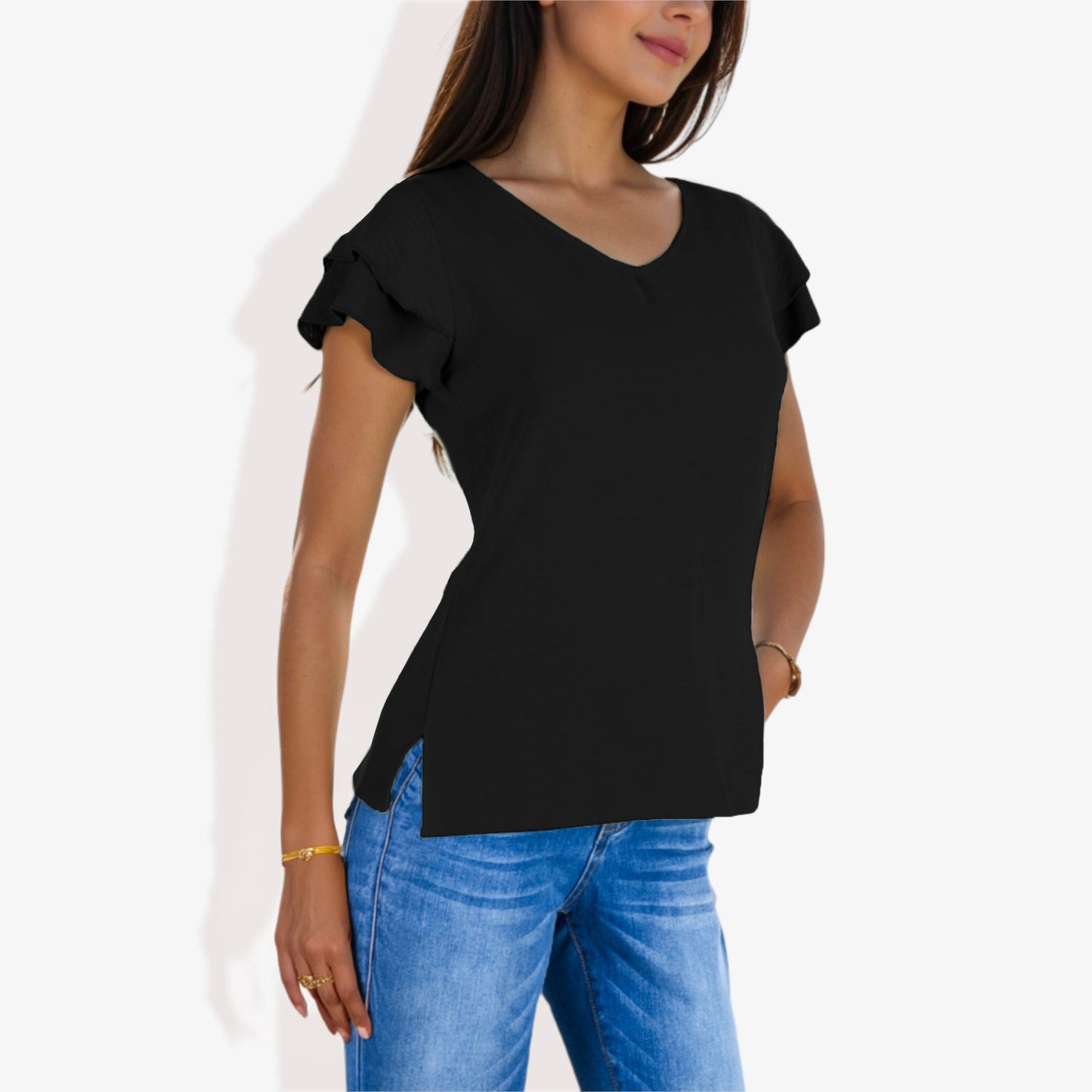 Blusa de mujer de manga corta con escote en V y mangas con volantes de doble capa