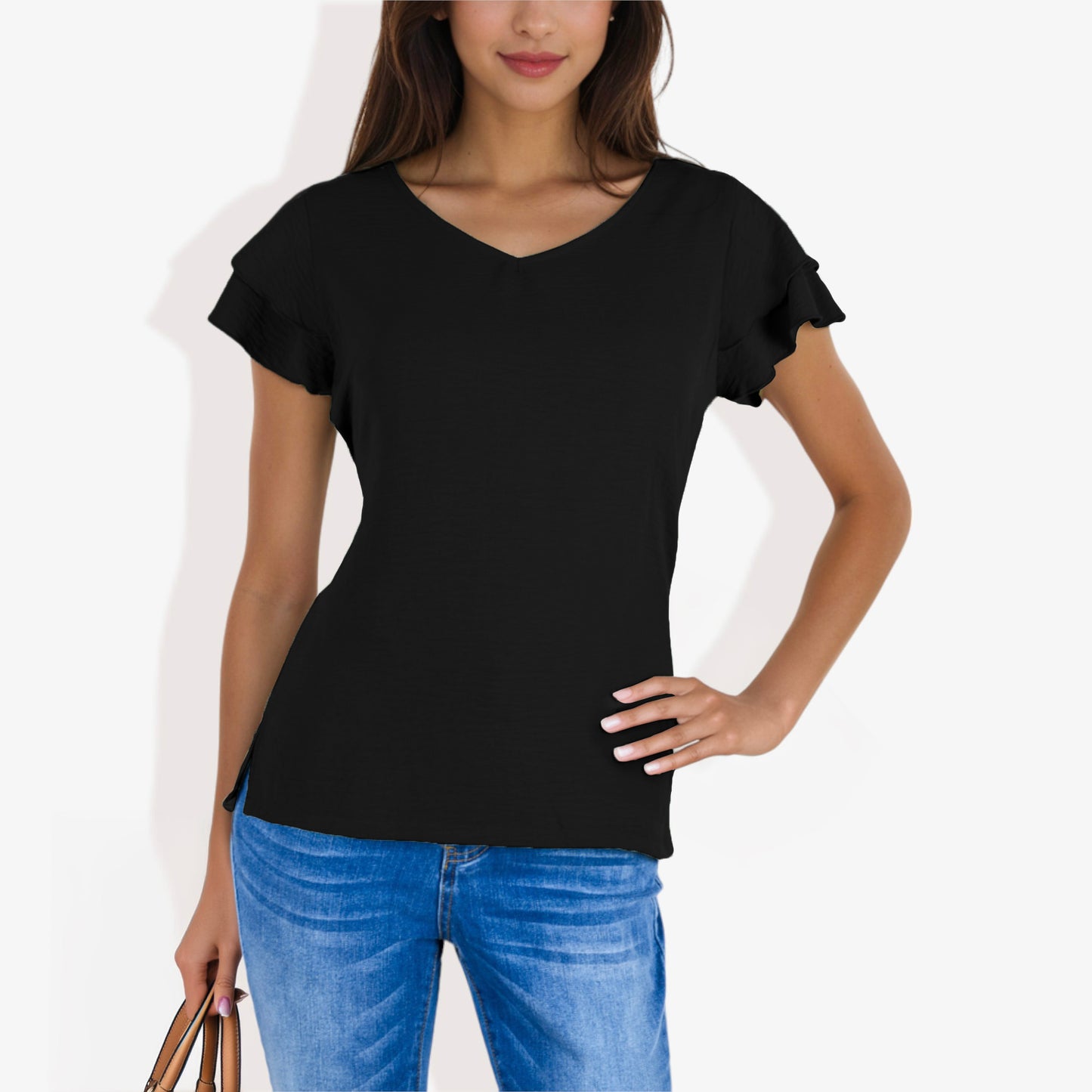 Blusa de mujer de manga corta con escote en V y mangas con volantes de doble capa