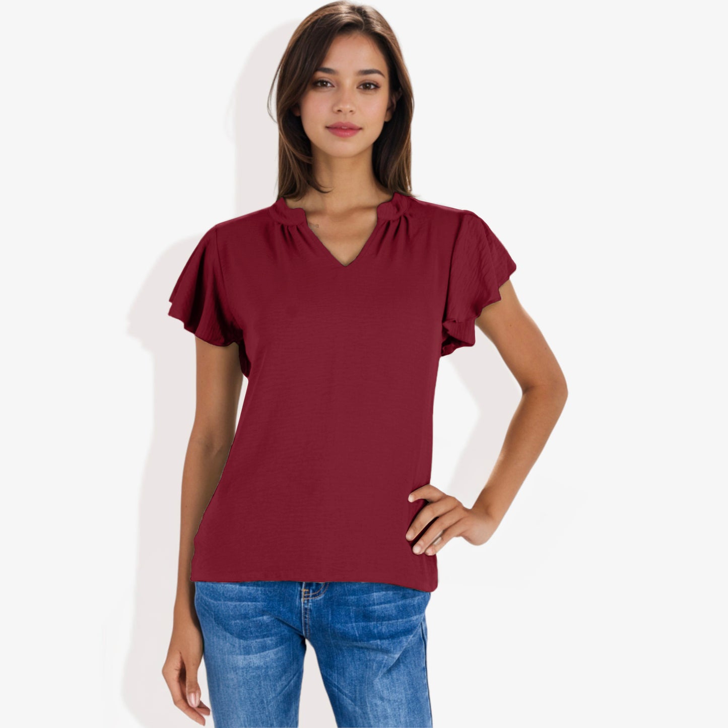 Blusa de mujer de manga corta con escote en V y mangas con volantes de doble capa