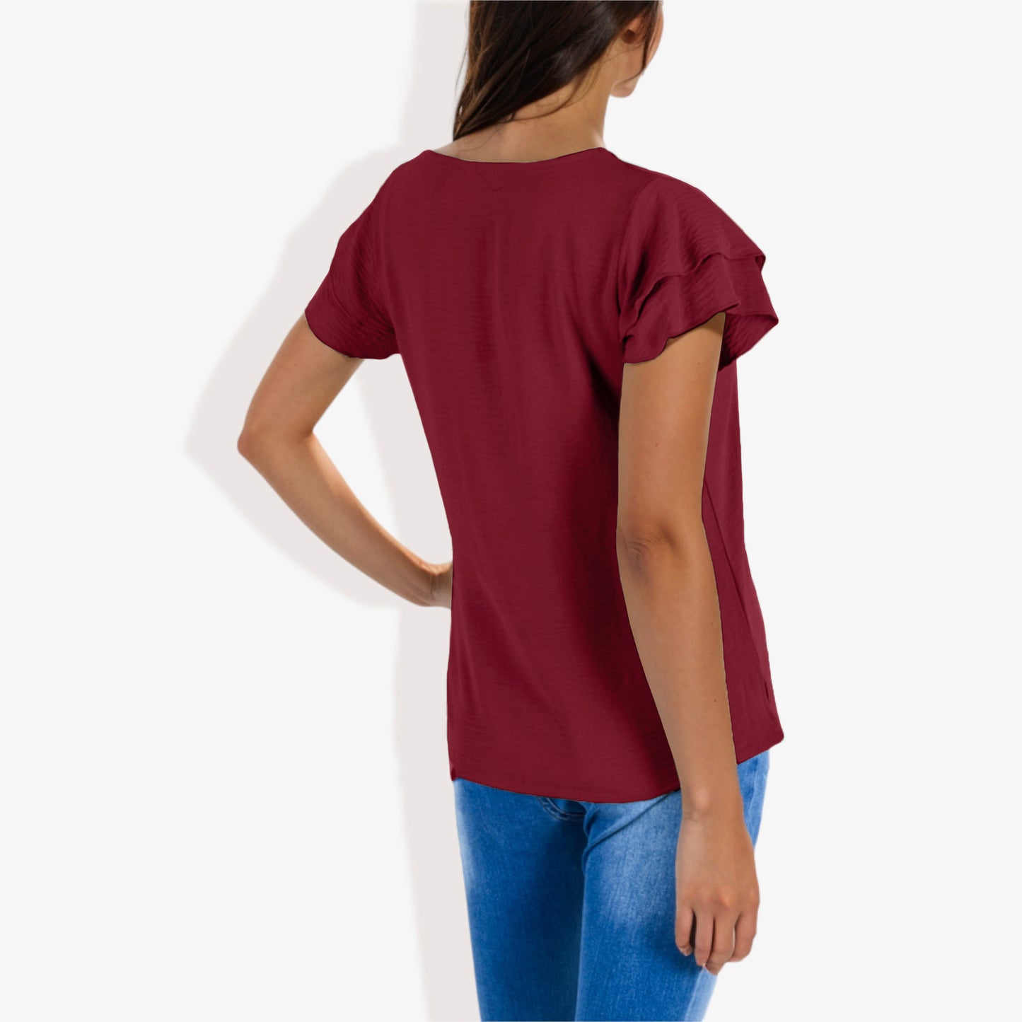 Blusa de mujer de manga corta con escote en V y mangas con volantes de doble capa