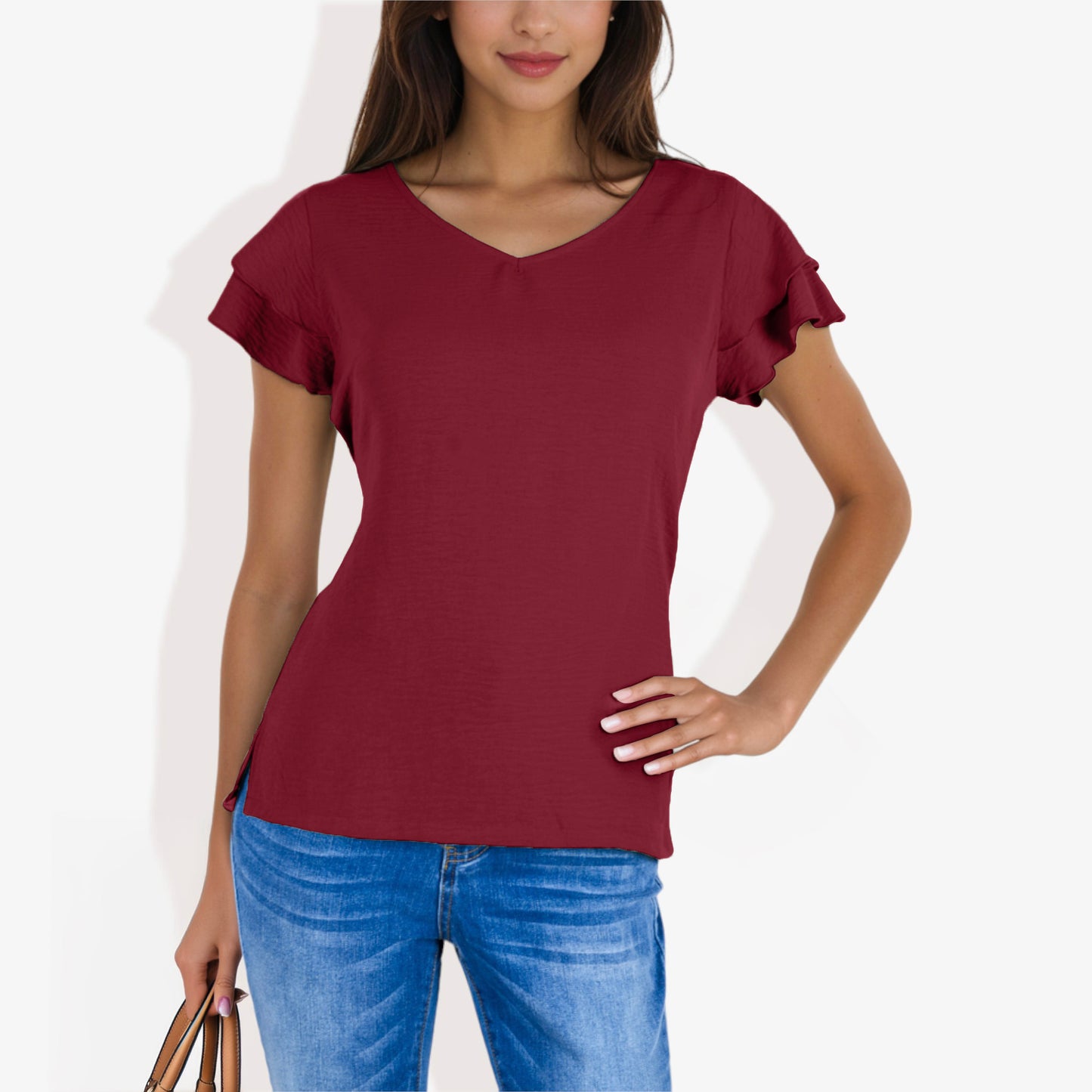 Blusa de mujer de manga corta con escote en V y mangas con volantes de doble capa