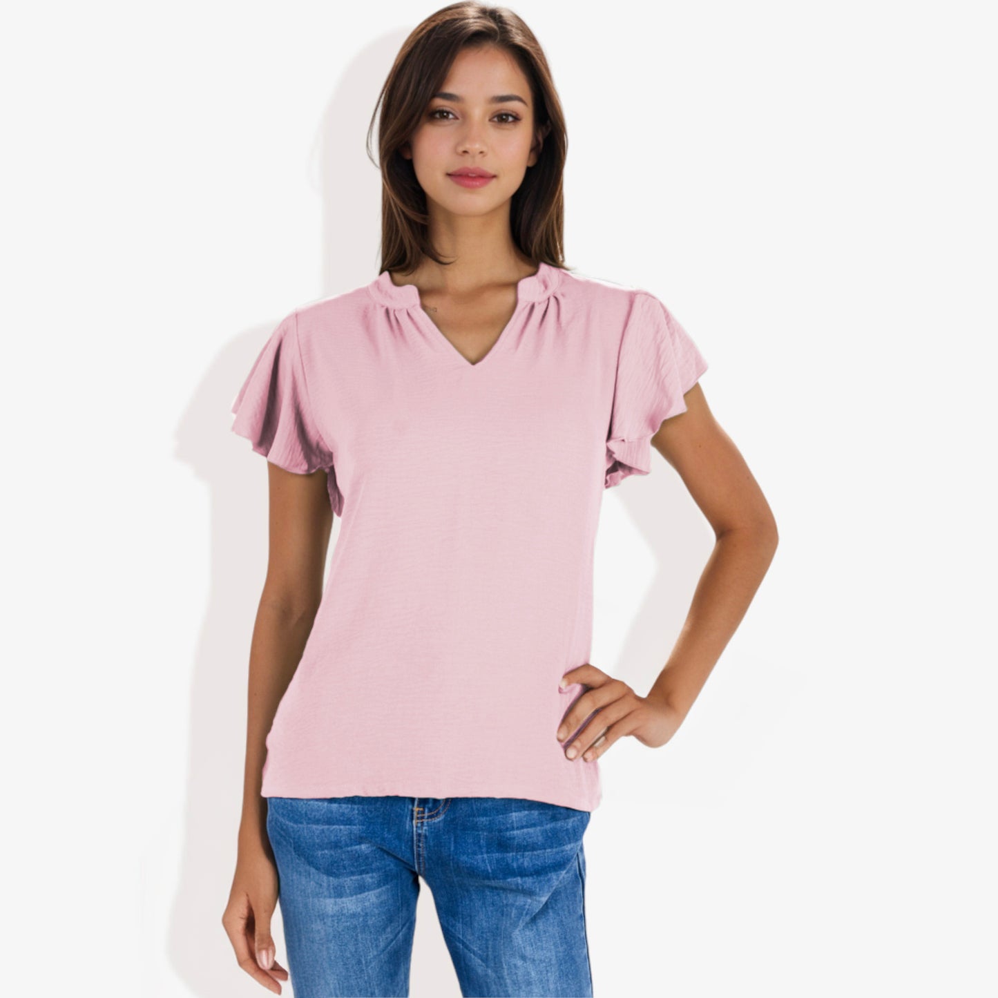 Blusa de mujer de manga corta con escote en V y mangas con volantes de doble capa