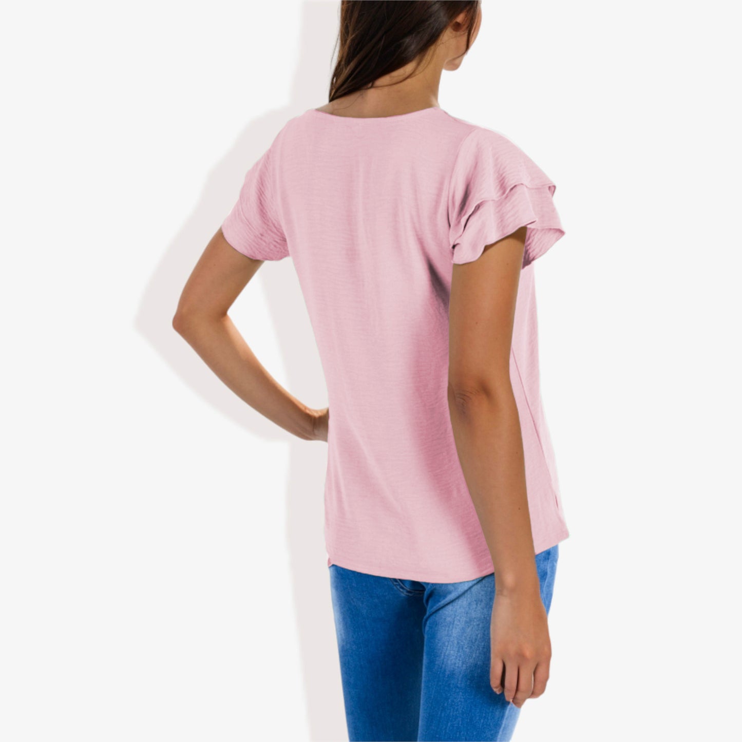 Blusa de mujer de manga corta con escote en V y mangas con volantes de doble capa