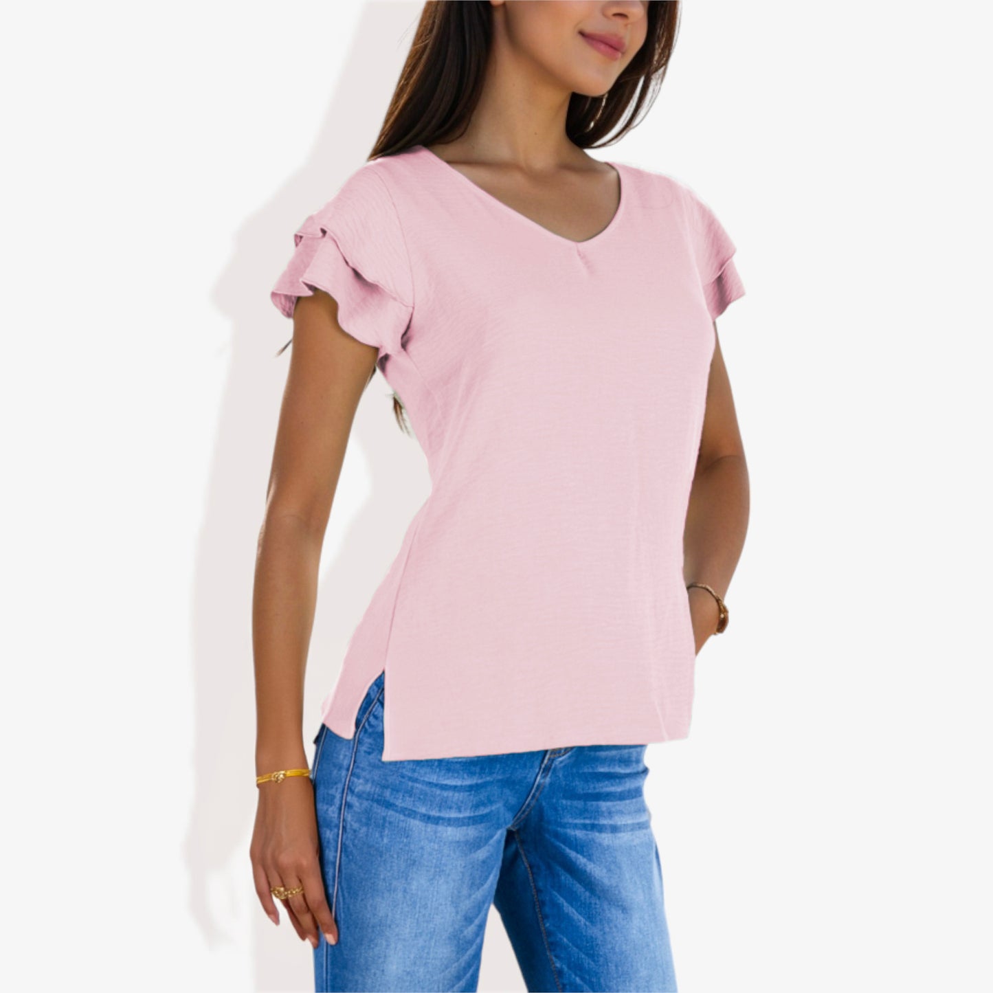 Blusa de mujer de manga corta con escote en V y mangas con volantes de doble capa