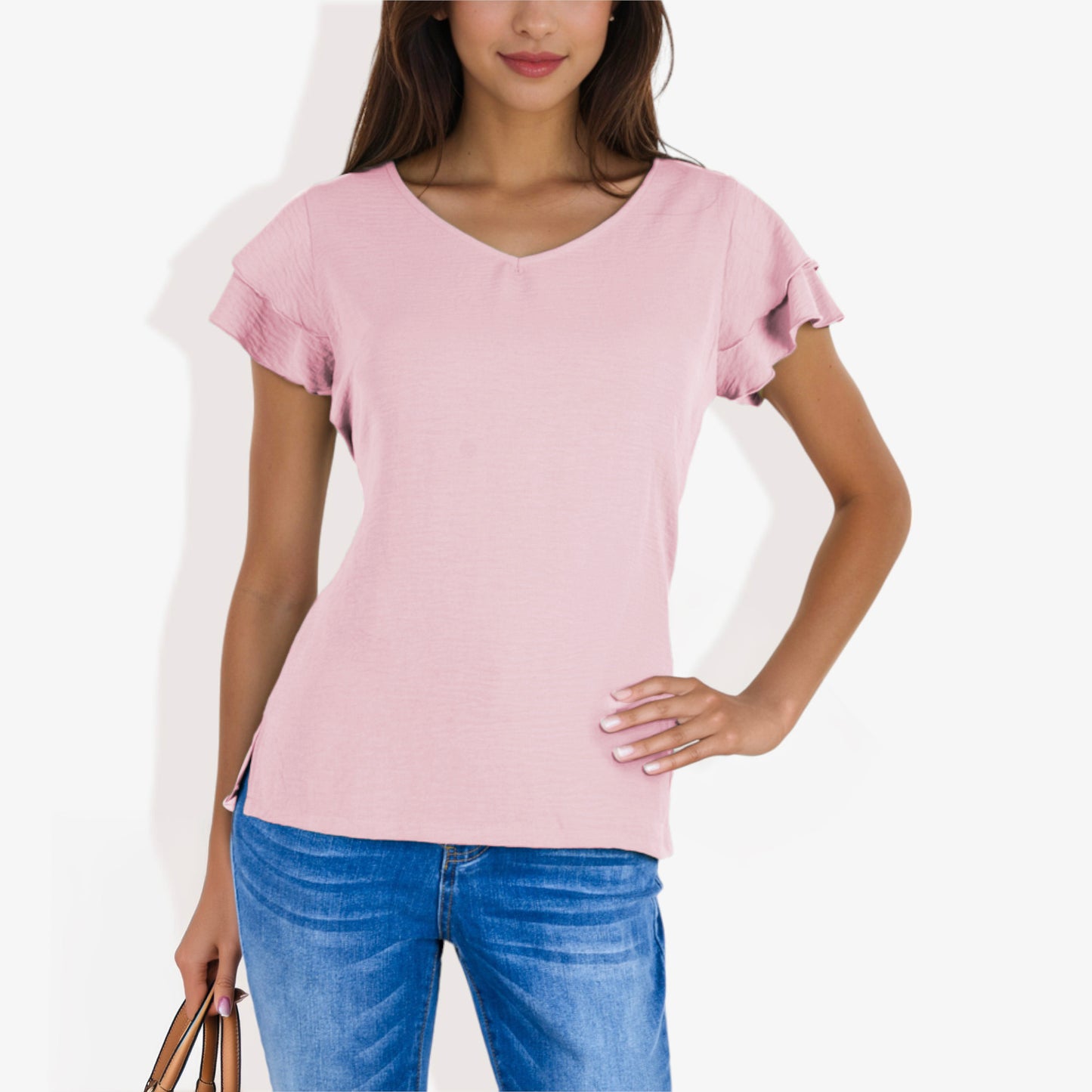 Blusa de mujer de manga corta con escote en V y mangas con volantes de doble capa