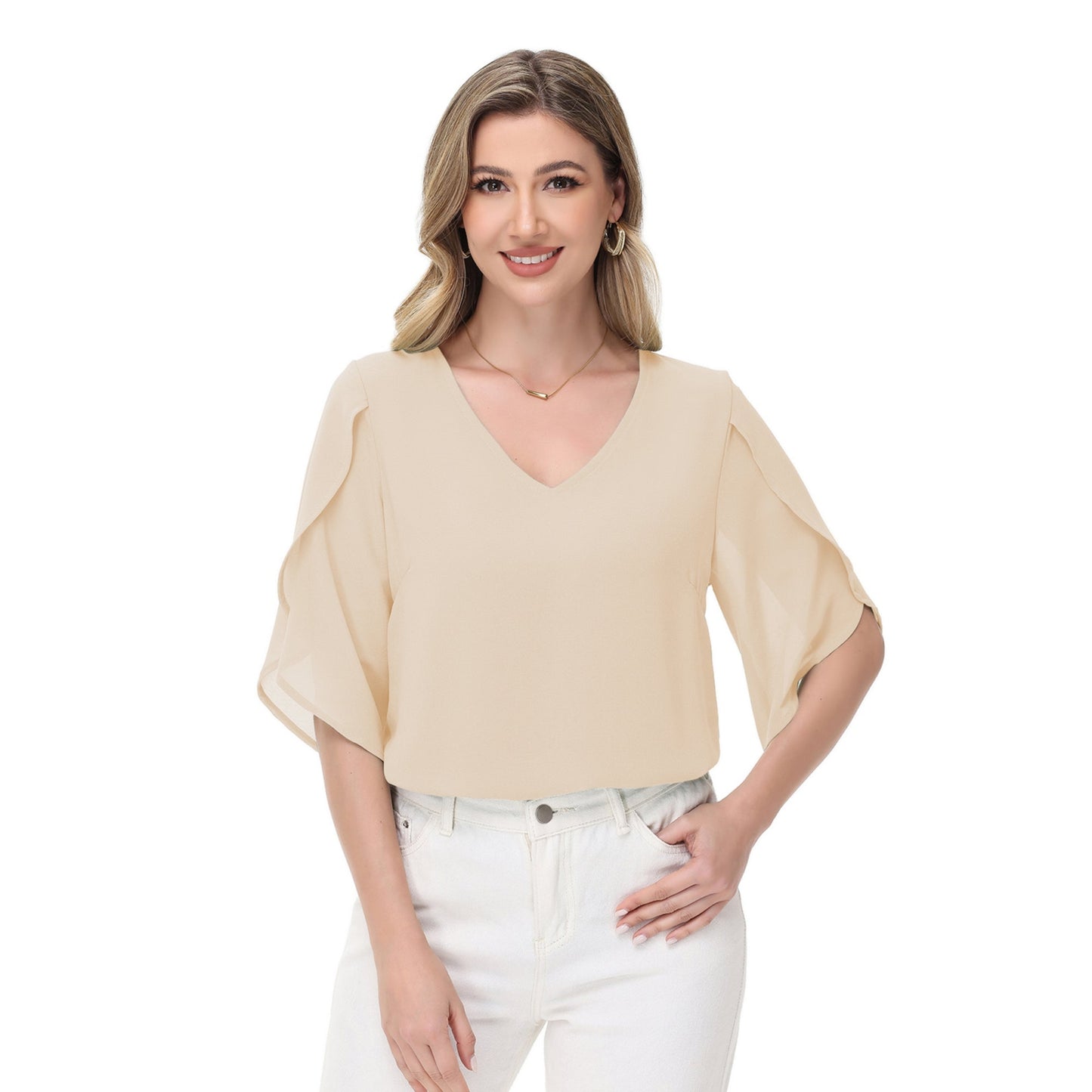Anna-Kaci Women's V-Neck Blouse with Split Flutter Sleeves and Relaxed Draped Fit