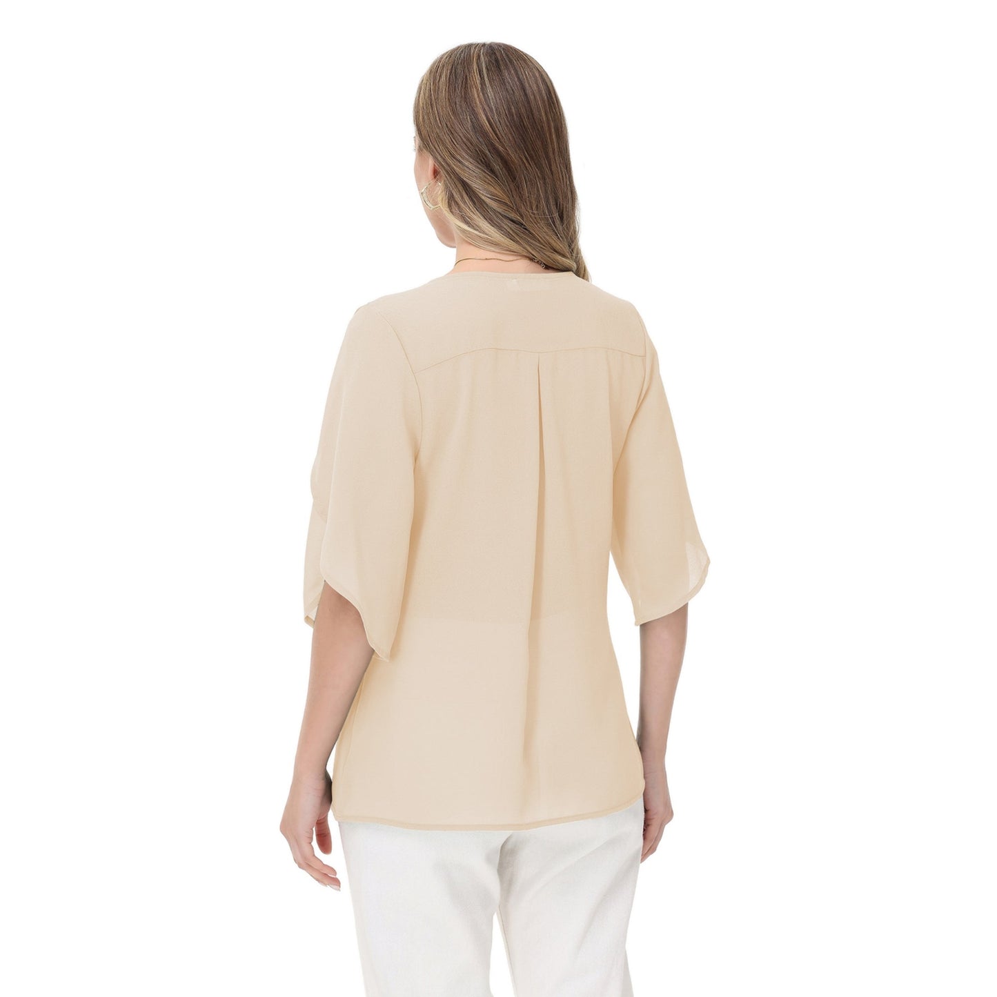 Anna-Kaci Women's V-Neck Blouse with Split Flutter Sleeves and Relaxed Draped Fit