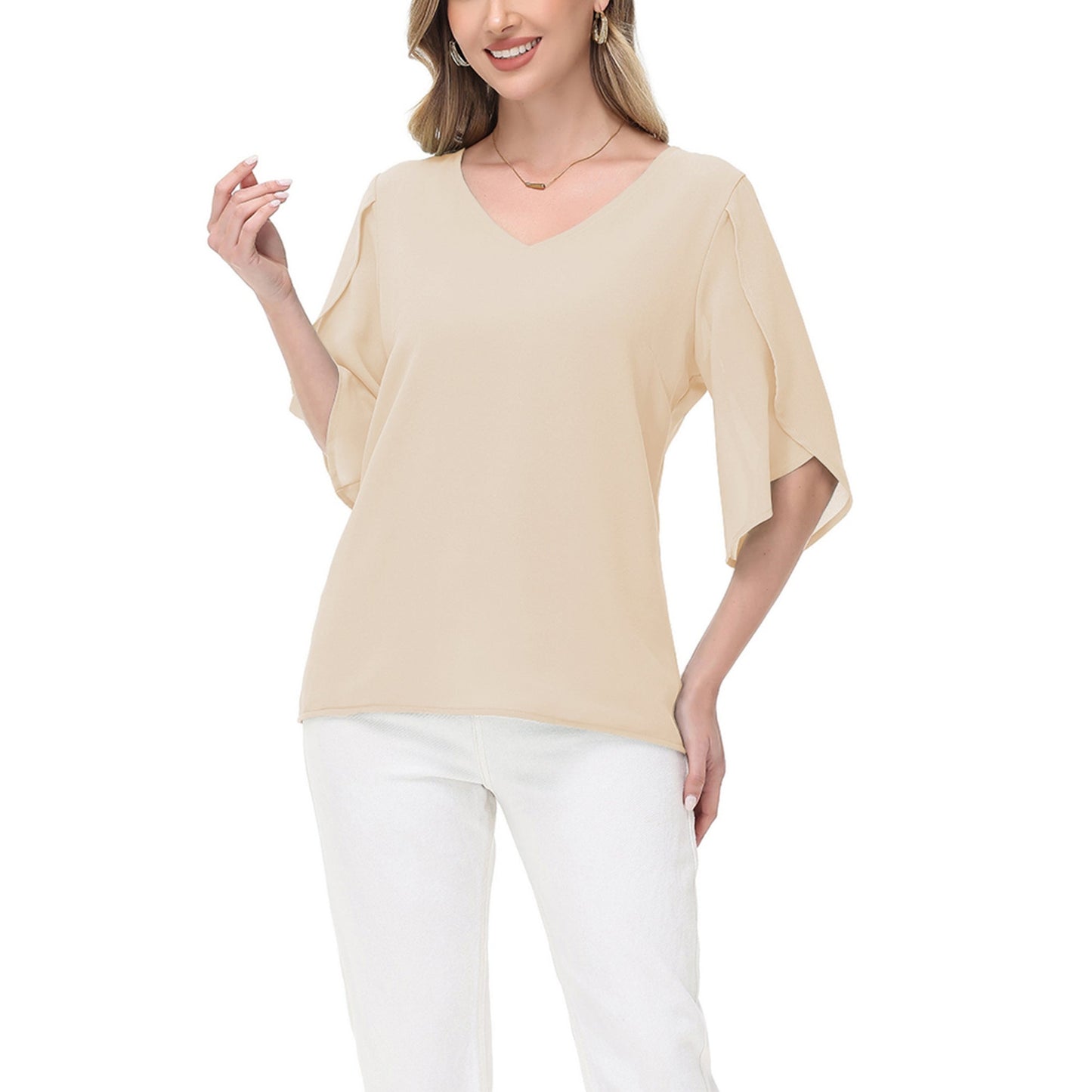 Anna-Kaci Women's V-Neck Blouse with Split Flutter Sleeves and Relaxed Draped Fit