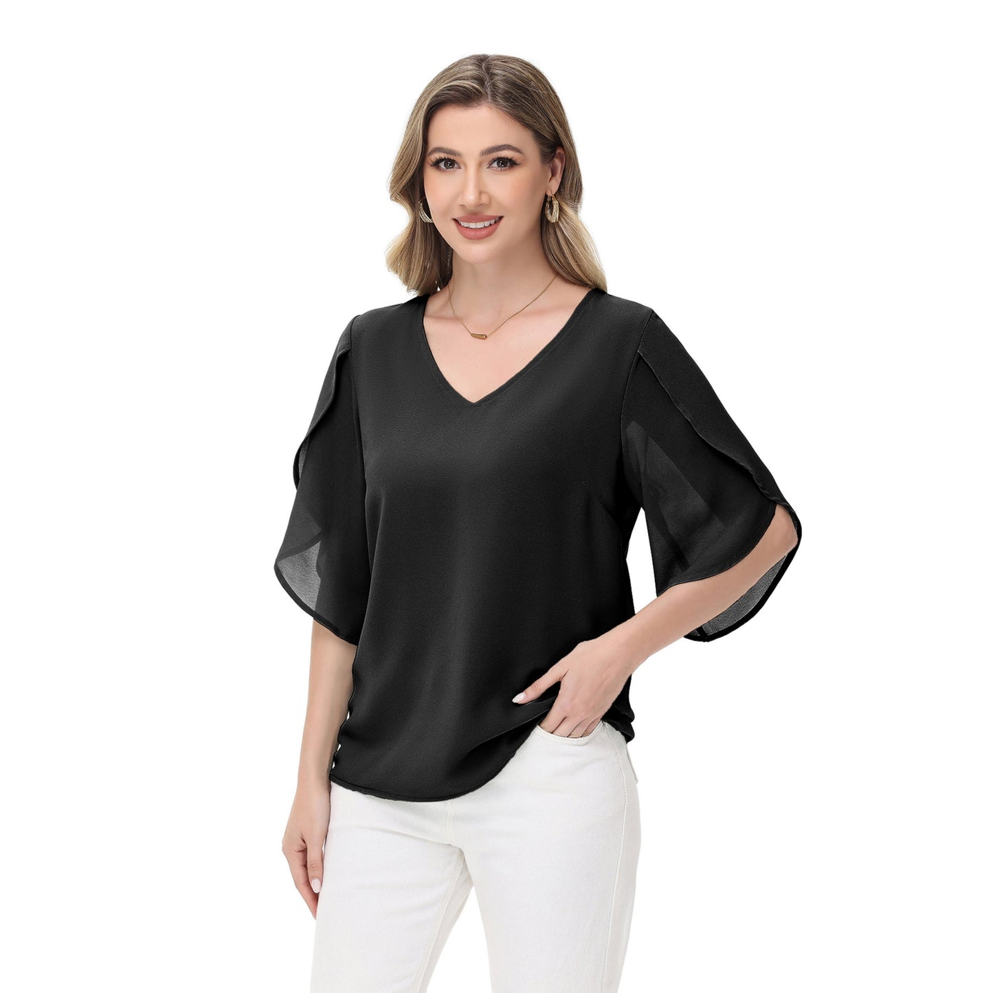 Anna-Kaci Women's V-Neck Flutter Sleeve Blouse with Shoulder Cut Details and Relaxed Draped Fit