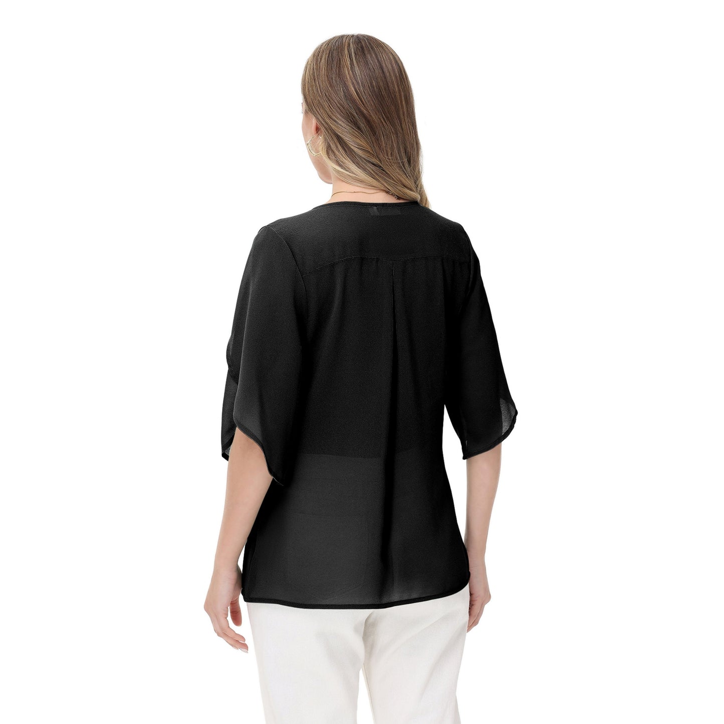 Anna-Kaci Women's V-Neck Flutter Sleeve Blouse with Shoulder Cut Details and Relaxed Draped Fit