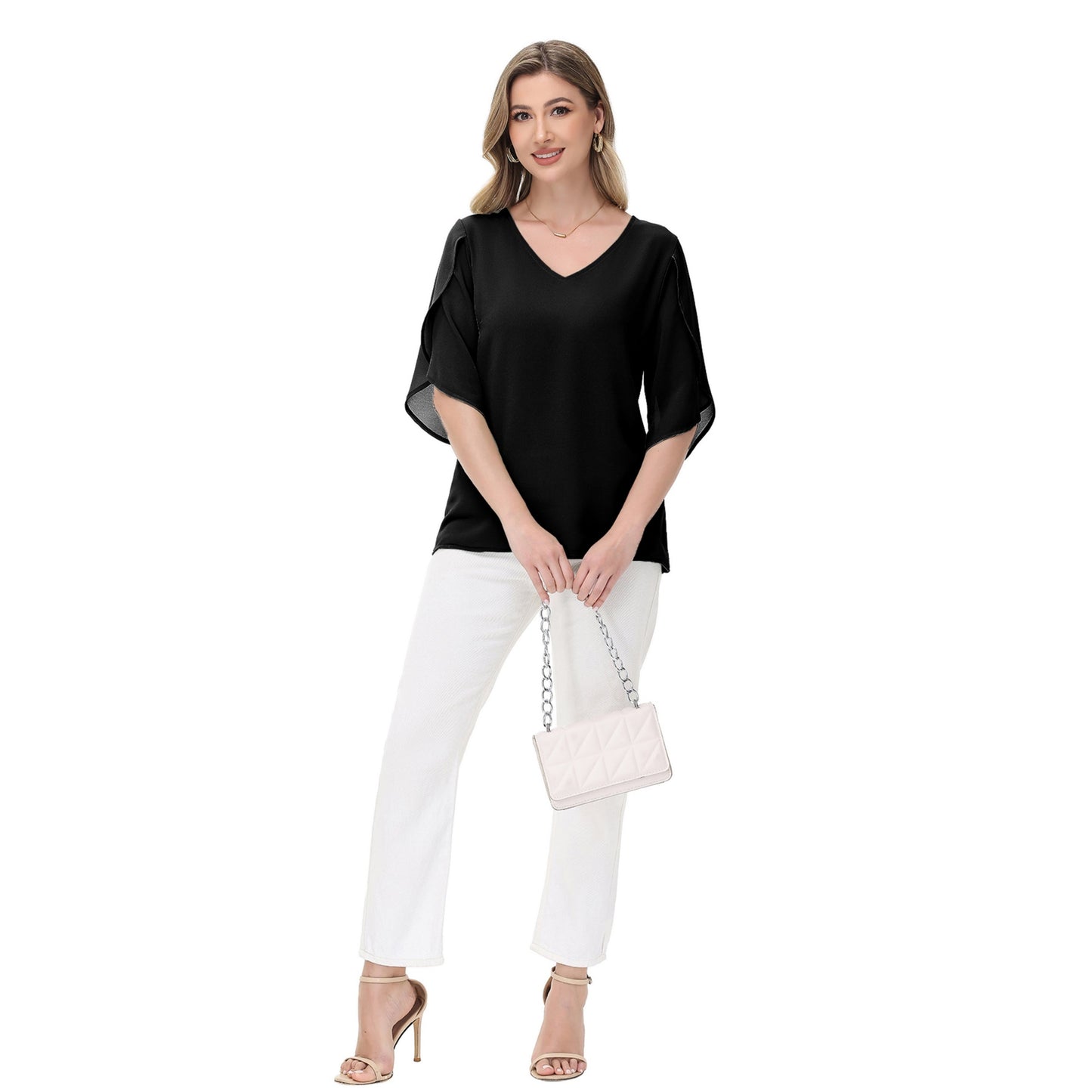 Anna-Kaci Women's V-Neck Flutter Sleeve Blouse with Shoulder Cut Details and Relaxed Draped Fit