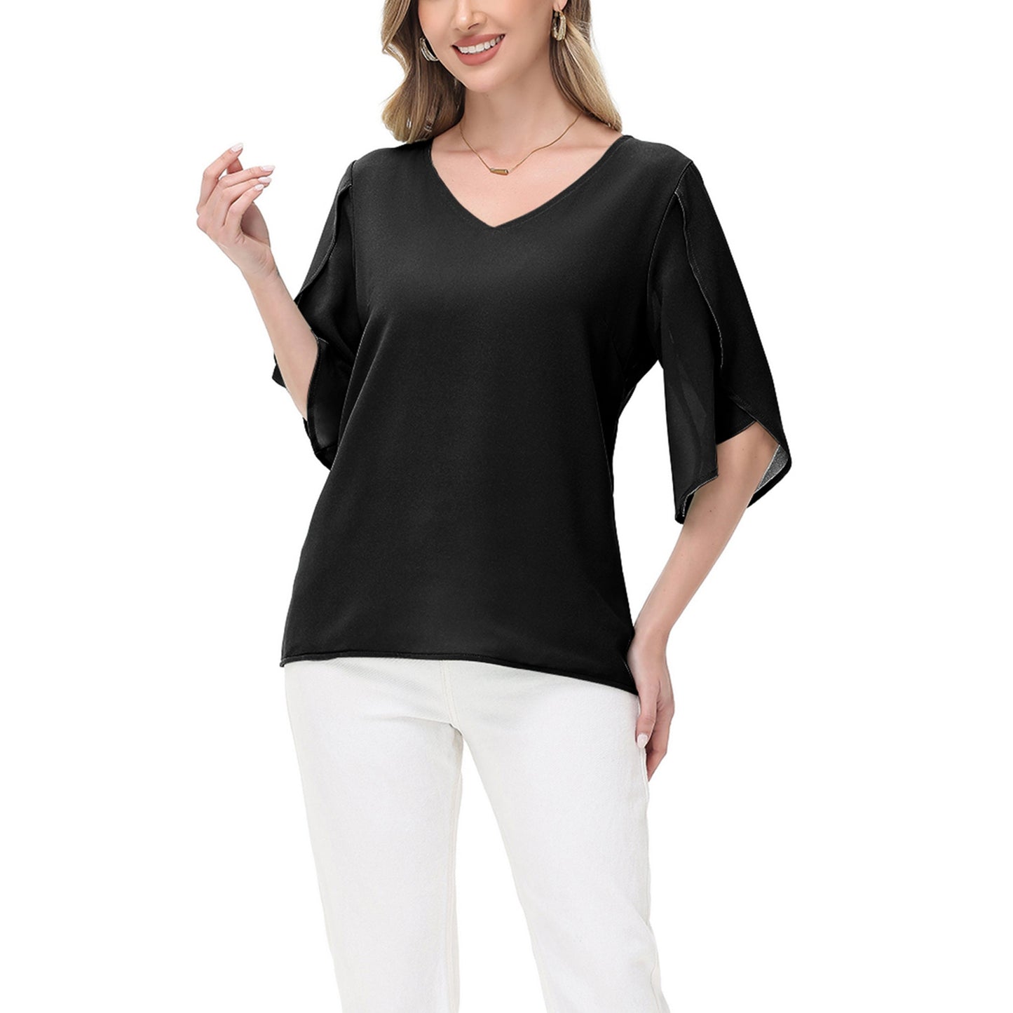Anna-Kaci Women's V-Neck Flutter Sleeve Blouse with Shoulder Cut Details and Relaxed Draped Fit