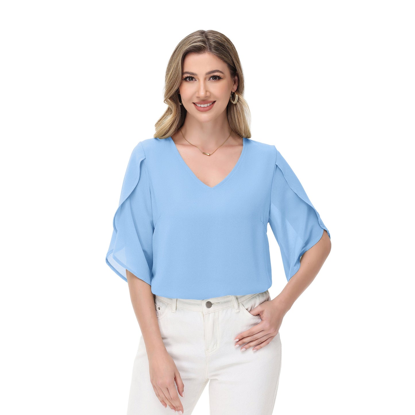 Anna-Kaci Women's V-Neck Blouse with Split Flutter Sleeves and Relaxed Draped Fit
