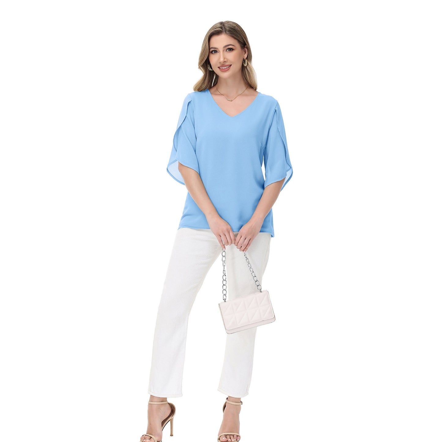 Anna-Kaci Women's V-Neck Blouse with Split Flutter Sleeves and Relaxed Draped Fit