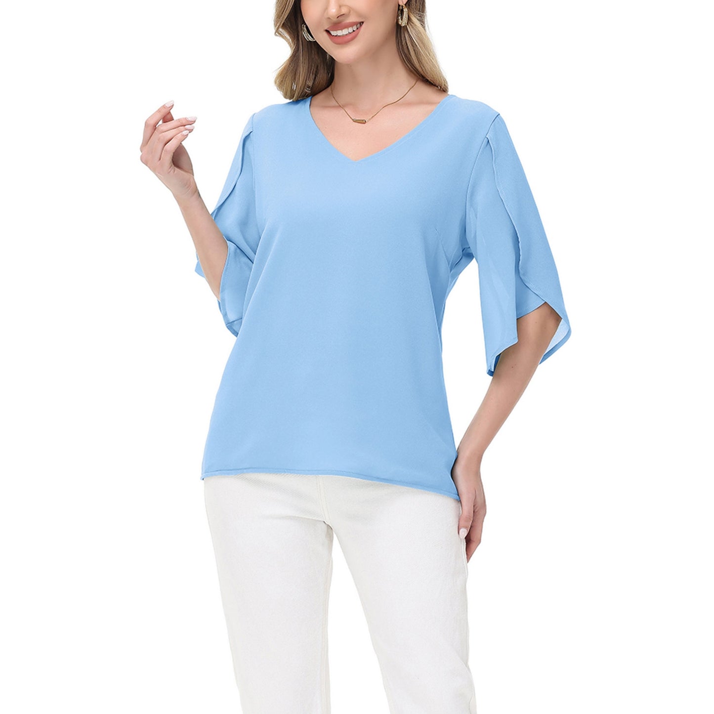 Anna-Kaci Women's V-Neck Blouse with Split Flutter Sleeves and Relaxed Draped Fit