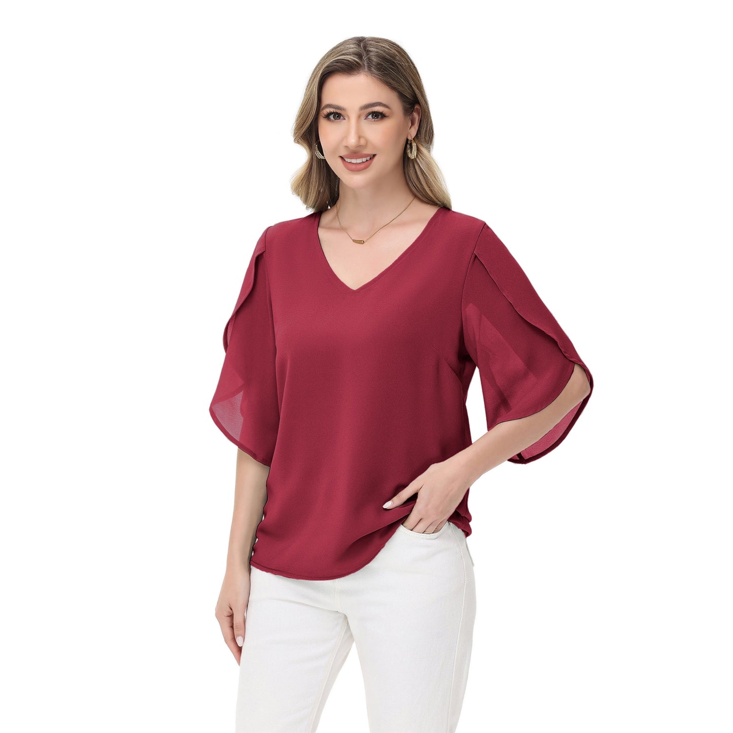 Anna-Kaci Women's V-Neck Flutter Sleeve Blouse with Shoulder Cut Details and Relaxed Draped Fit