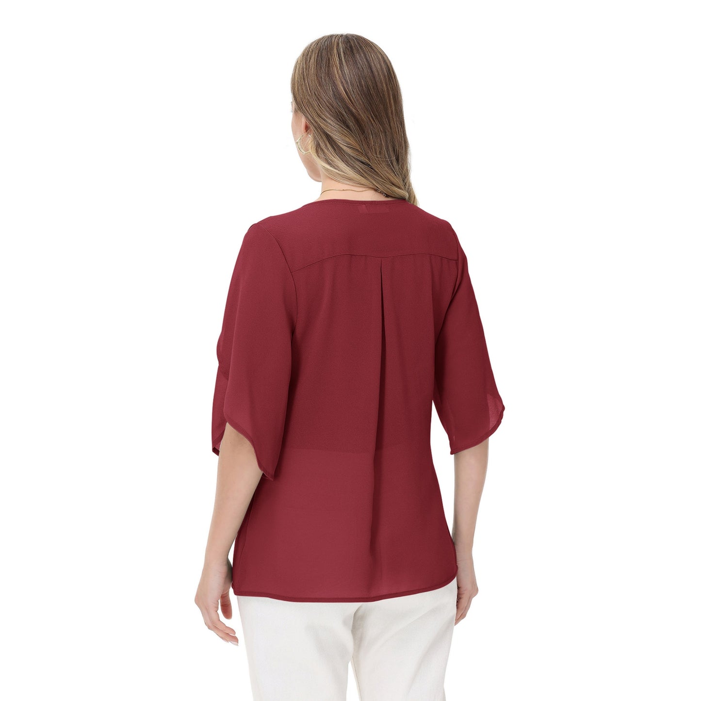 Anna-Kaci Women's V-Neck Flutter Sleeve Blouse with Shoulder Cut Details and Relaxed Draped Fit