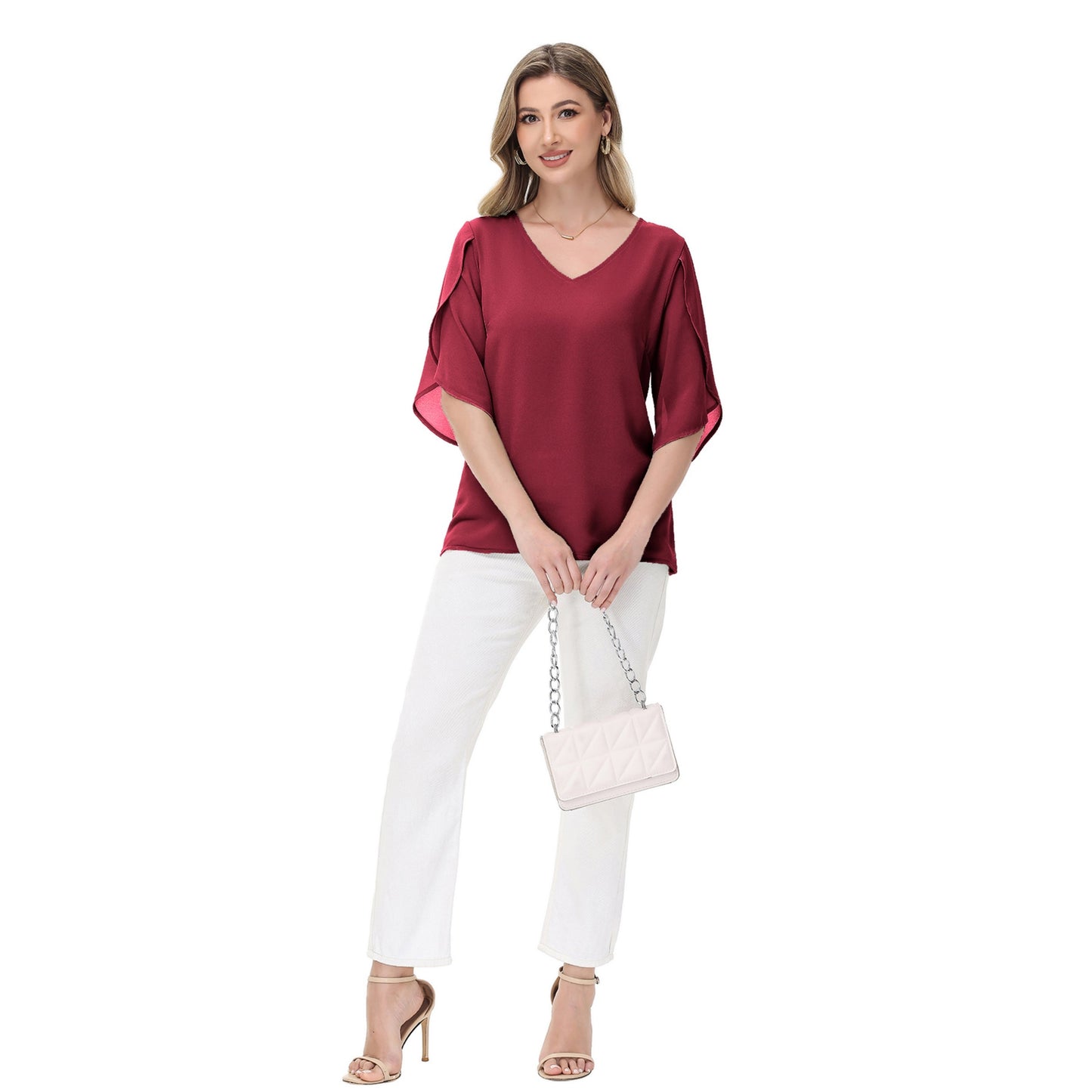 Anna-Kaci Women's V-Neck Flutter Sleeve Blouse with Shoulder Cut Details and Relaxed Draped Fit
