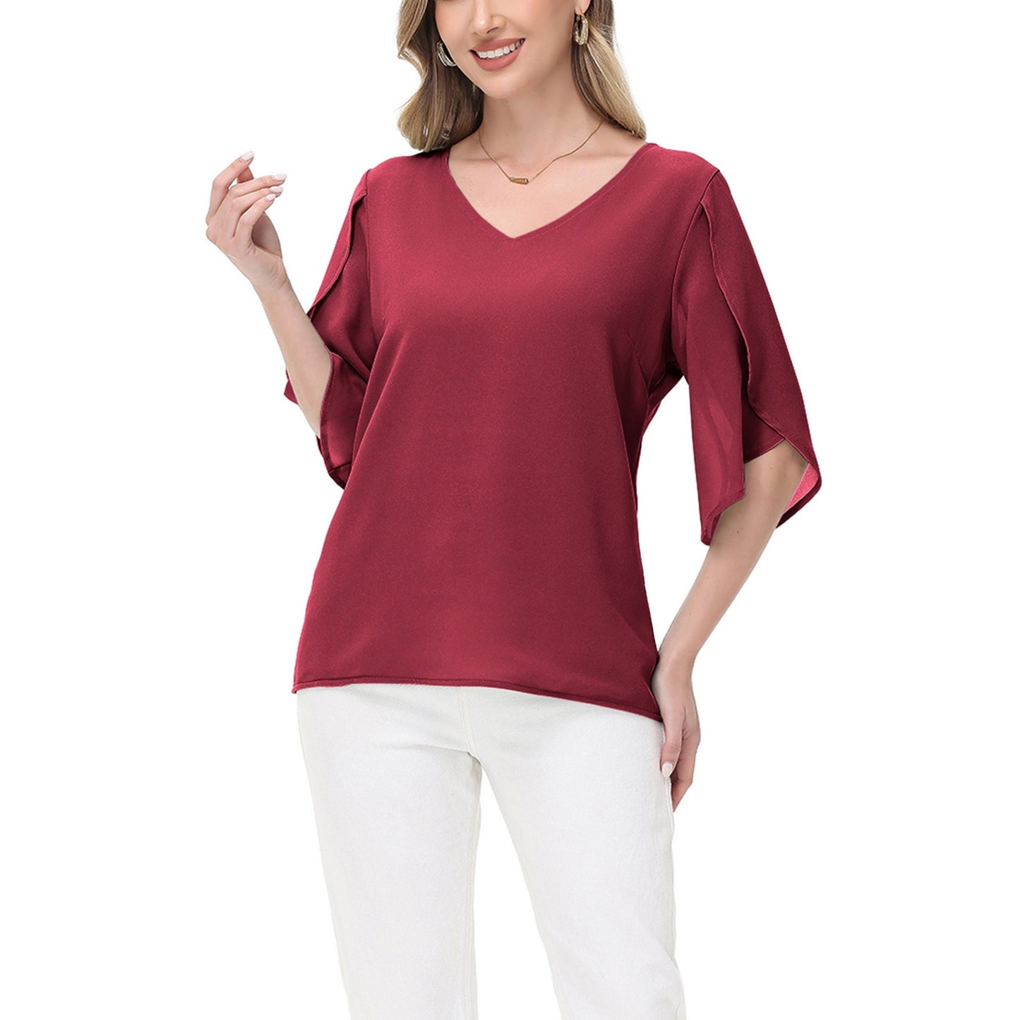 Anna-Kaci Women's V-Neck Flutter Sleeve Blouse with Shoulder Cut Details and Relaxed Draped Fit