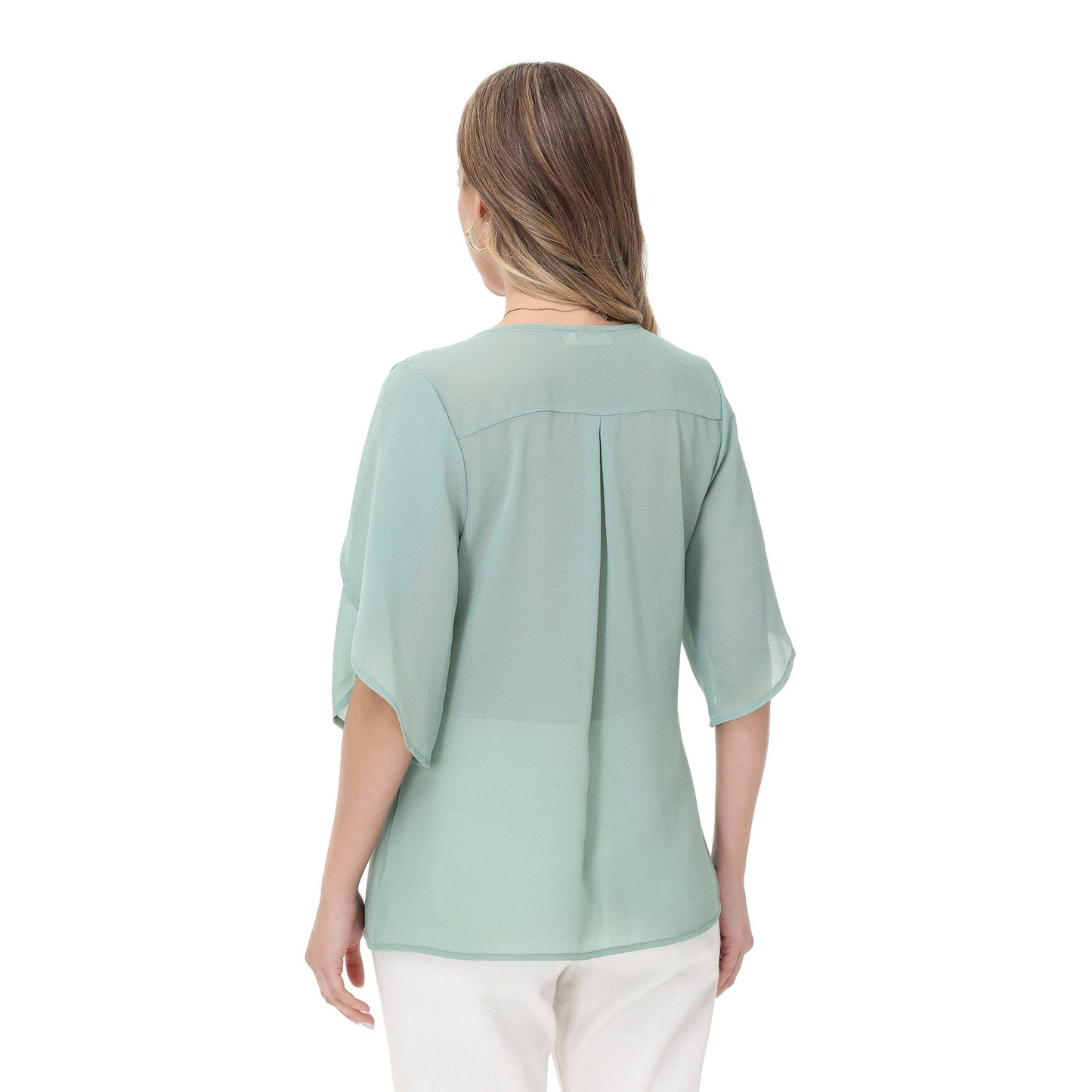Anna-Kaci Women's V-Neck Blouse with Split Flutter Sleeves and Relaxed Draped Fit
