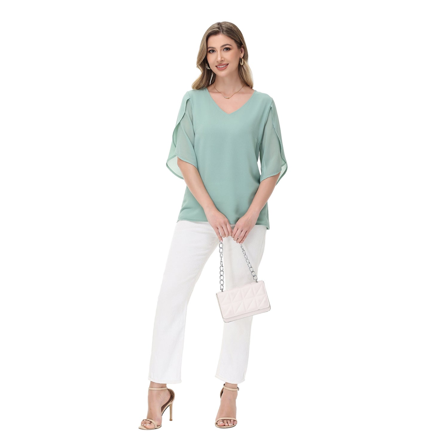 Anna-Kaci Women's V-Neck Blouse with Split Flutter Sleeves and Relaxed Draped Fit